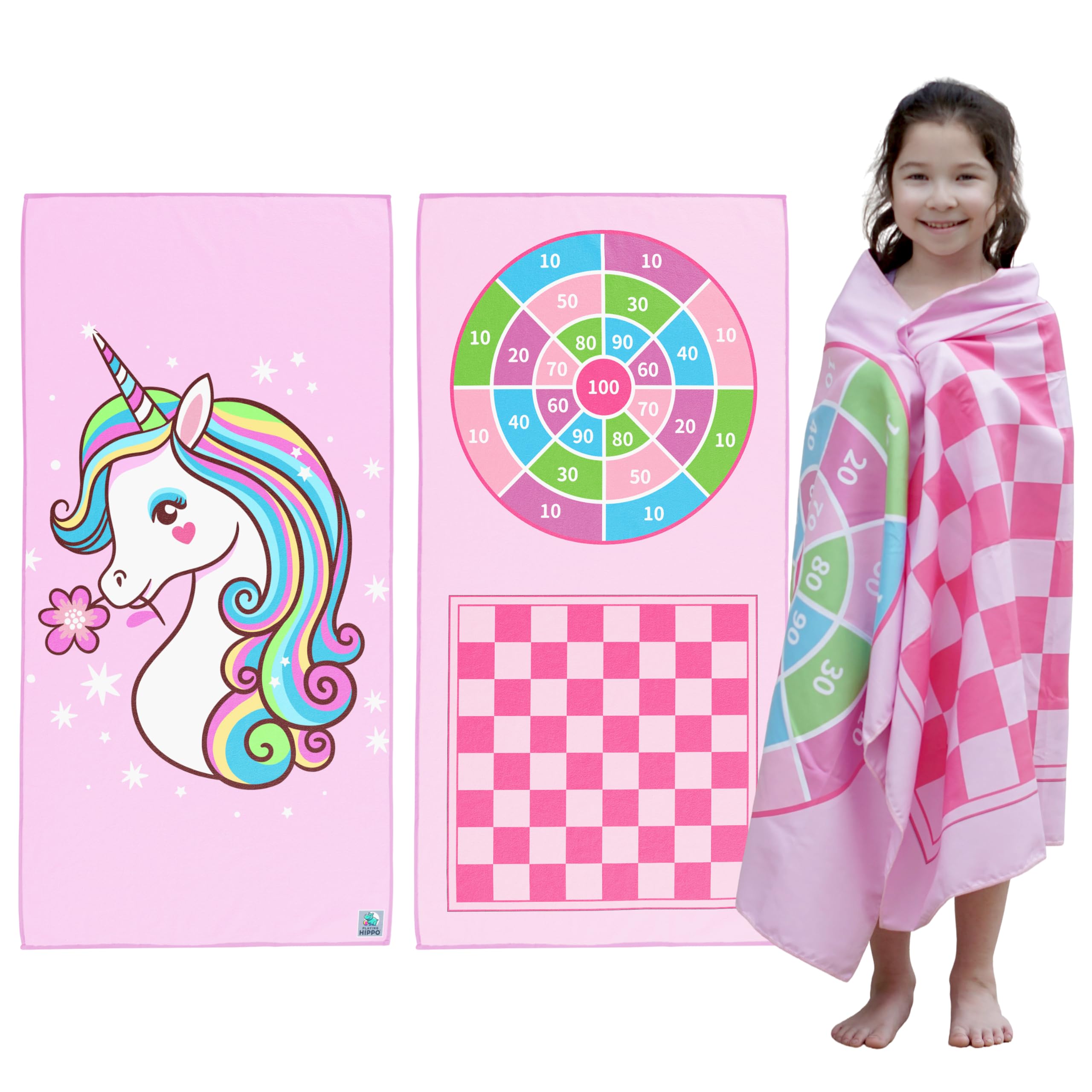 PlayingHippo Kids Beach Towel & Pouch 60"x30" - Thin Microfiber - Quick Dry - Sand Free Pool Towel for Travel - Camping - Vacation - Double Sided