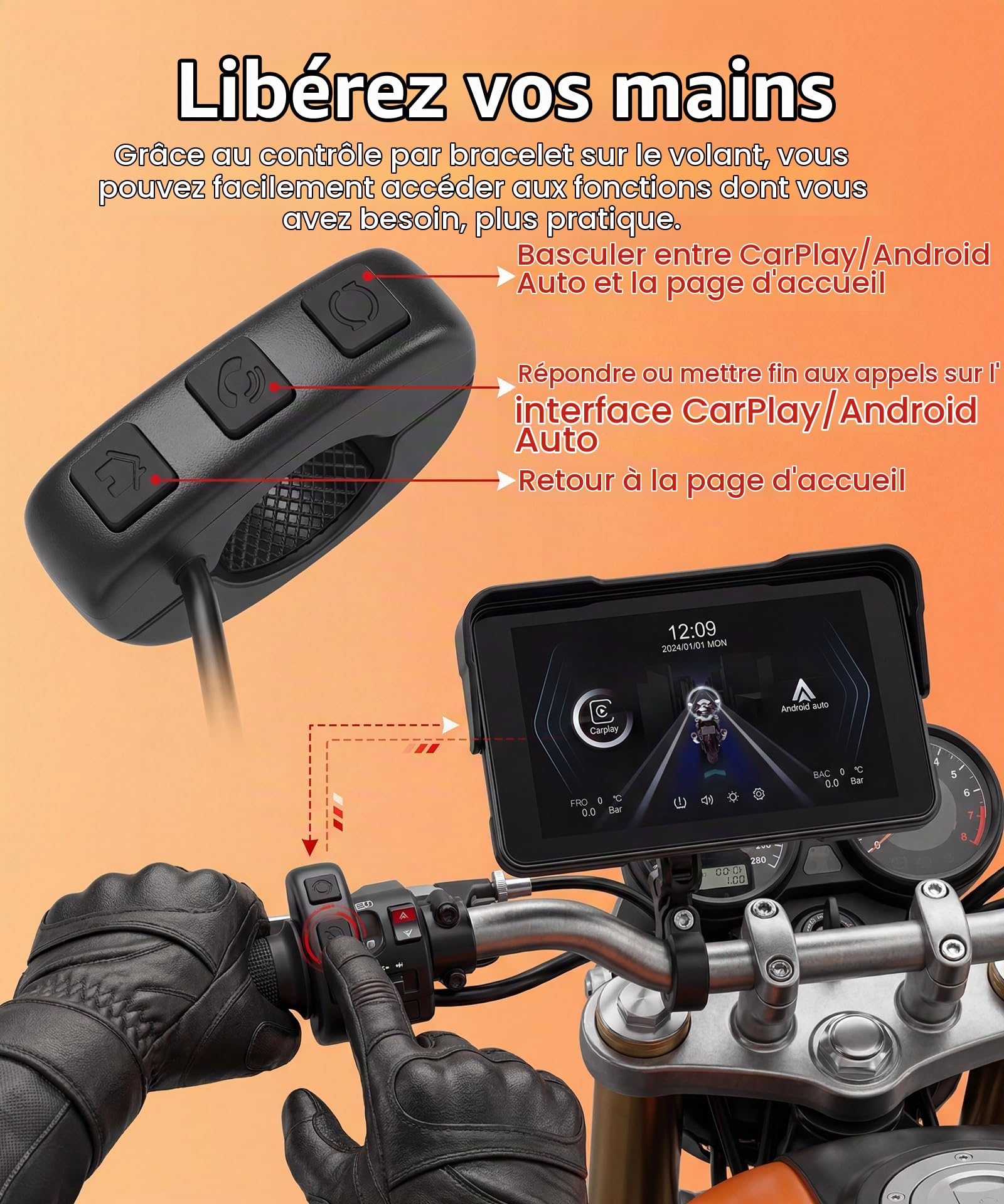 Rimoody 5 Pouces Écran Carplay pour Moto avec Commande au Guidon, Support Amovible, Moniteur sans Fil CarPlay & Android Auto, Radio CarPlay Étanche IP68 Bluetooth/Contrôle de la Pression des pneus