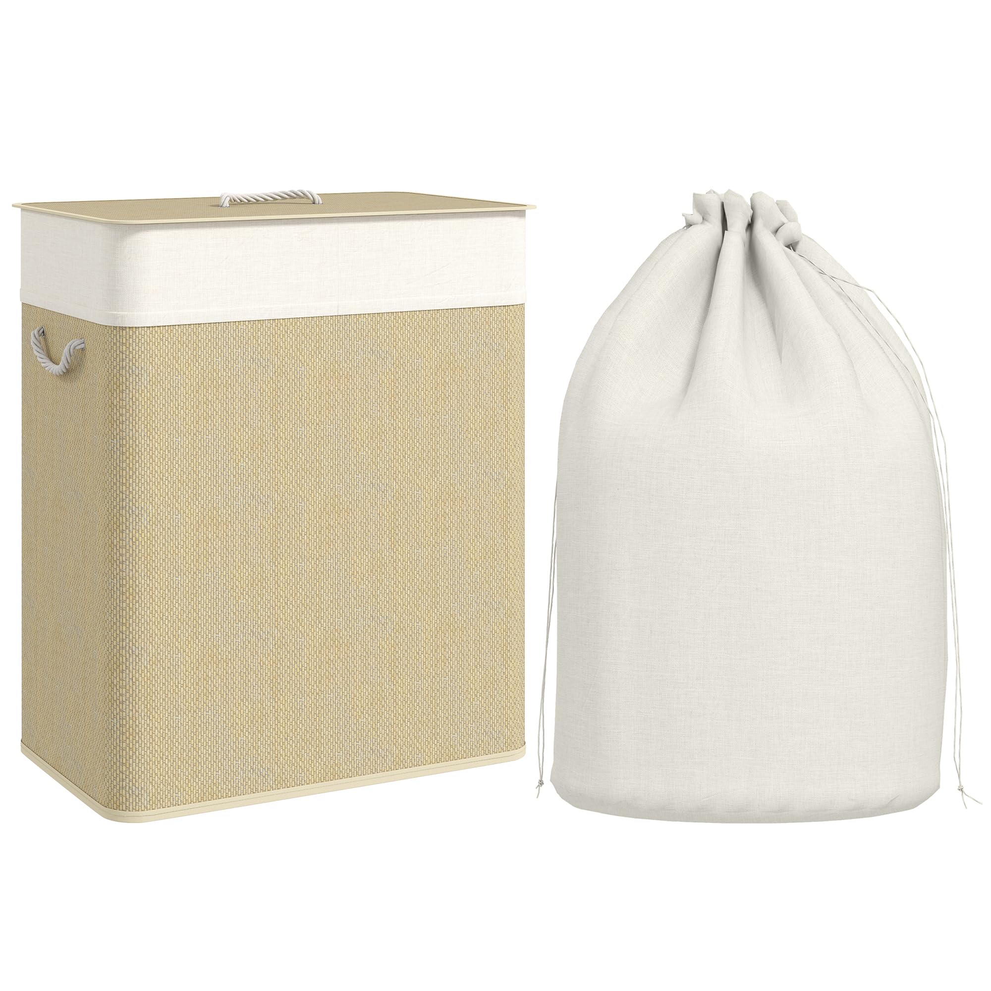 HOMCOM 100L Laundry Basket with Lid, Washing Basket for Bathroom in Off White