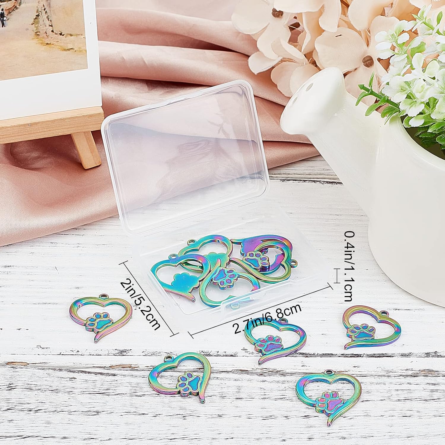 Beebeecraft 1 Box 10Pcs Dog Paw Charms Stainless Steel Rainbow Color Heart with Dog Footprint Charms for DIY Jewelry Making Necklace Bracelet Keychain