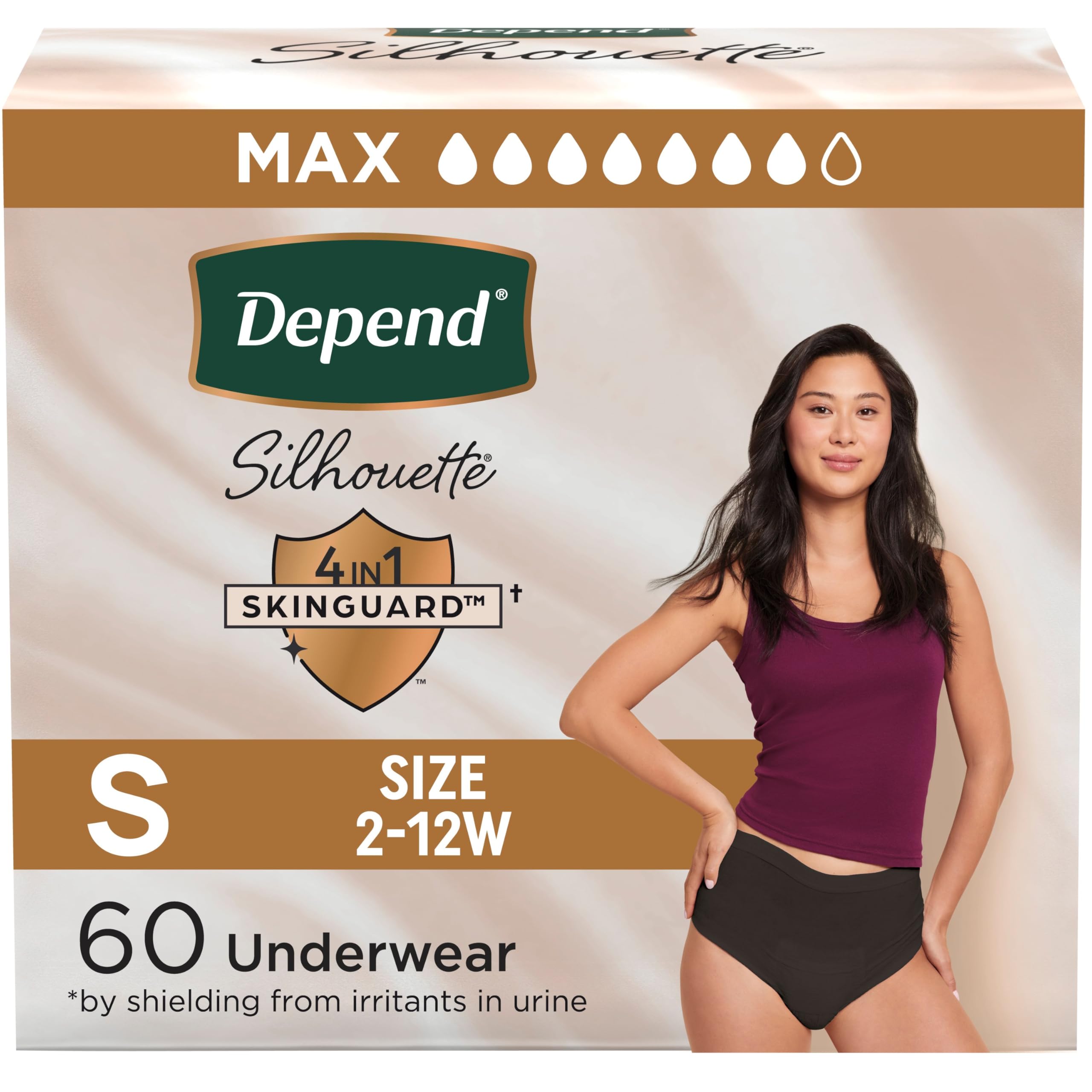 Depend Silhouette Adult Diapers, Incontinence & Postpartum Bladder Leak Underwear for Women, Maximum Absorbency, Small, Black, 60 Count (2 Packs of 30), Packaging May Vary