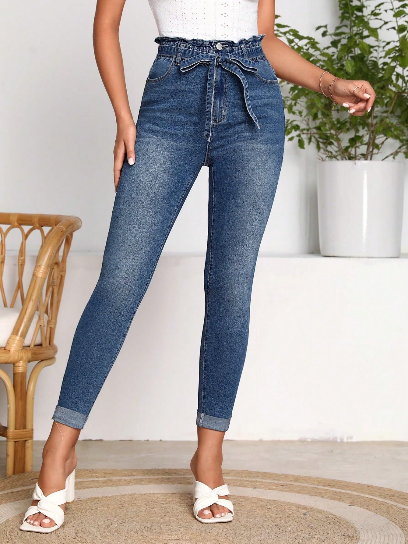 Amazon.com: Women's Jeans Paperbag Waist Belted Skinny Jeans Jeans for  Women (Color : Medium Wash, Size : 25) : Clothing, Shoes \u0026 Jewelry