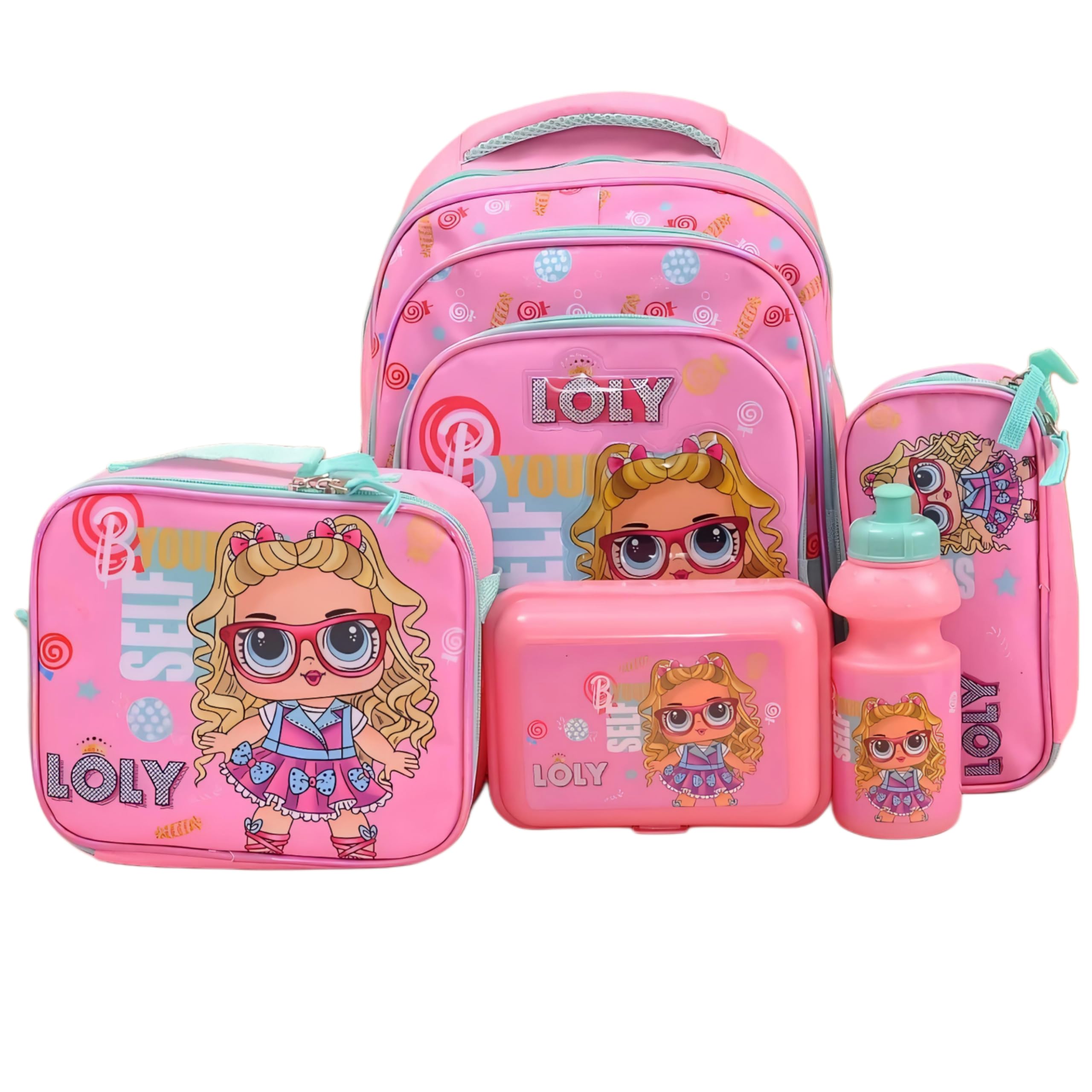 Elecart School Bag Combo Set for Girls – 5 in 1 Back to School Hamper with Backpack, Lunch Bag, Tiffin Box, Water Bottle & Pencil Pouch – Complete School Essentials Gift Set for Kids (Loly-Pink)