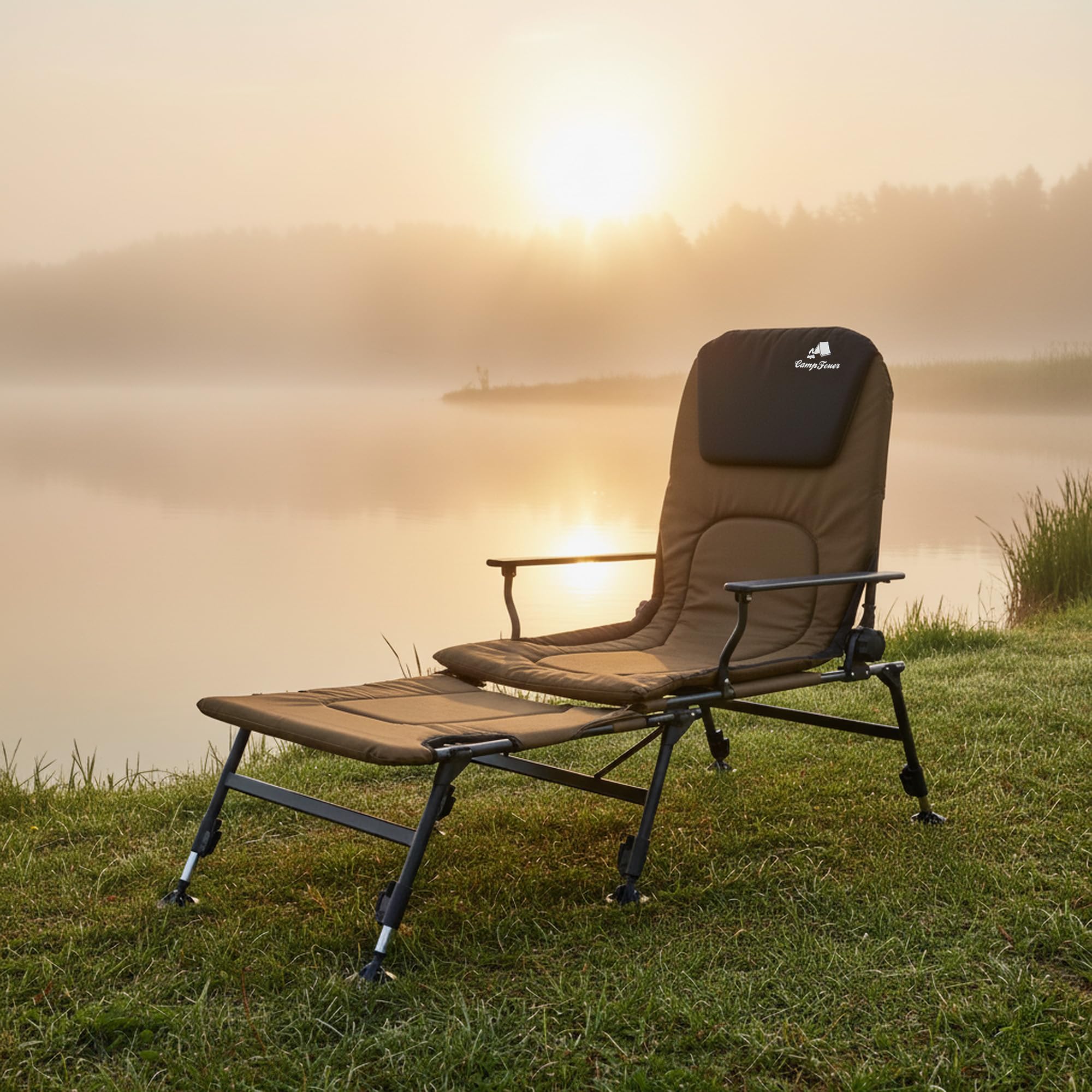 CampFeuer 2in1 Angelstuhl Olivgrün/Schwarz | Höhenverstellbarer Campingstuhl und Angelliege | Faltbarer Karpfenstuhl | Outdoor Travelchair für Camping, Zelten, Angeln | Fischerstuhl klappbar