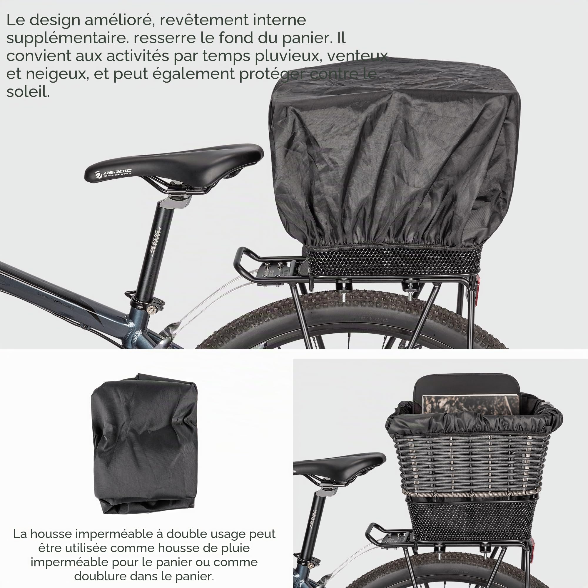 Panier Arrière de Vélo – Panier Arrière Large à Libération Rapide avec Filet de Rangement et Housse Imperméable, Panier Tressé à Grande Capacité