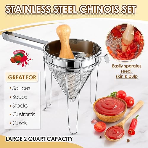 Miniatura 3 de Feekoon Colador chino de acero inoxidable con soporte y juego de maja de madera, colador de tapa de China para tomate, baya, fruta, huevo, sopa y