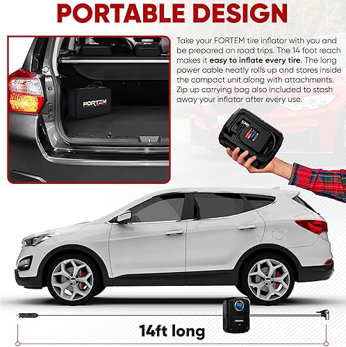 Miniatura 8 de FORTEM Inflador de neumáticos compresor de aire portátil (negro) + organizador de maletero