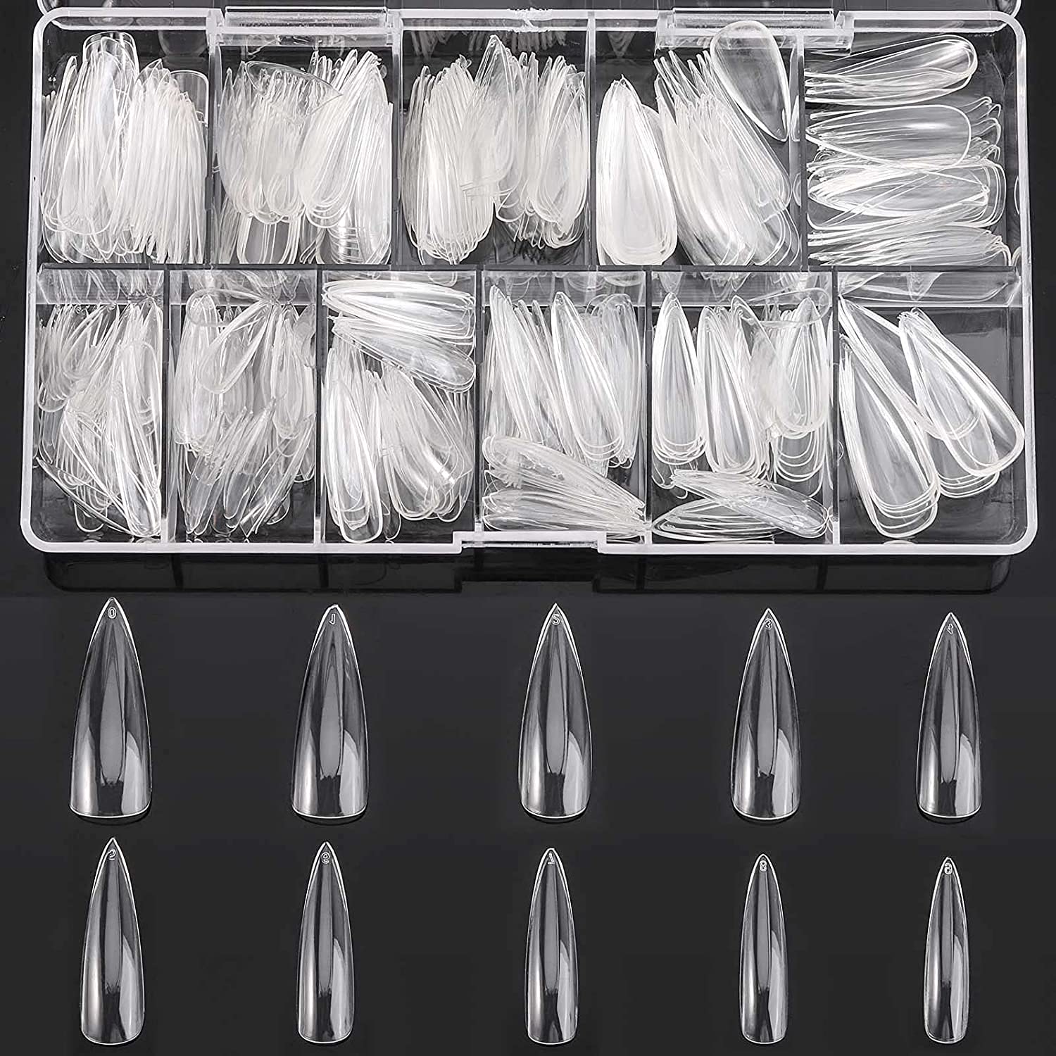 KASTWAVE False Nail Tips, Clear Acrylic Nail Tips Full Cover Fake Nails, Long Stiletto Nail Tips Acrylic Nail Tips Half Cover Pointed Fake Nail Tips with Box for Nails Salon Home (10 Sizes)