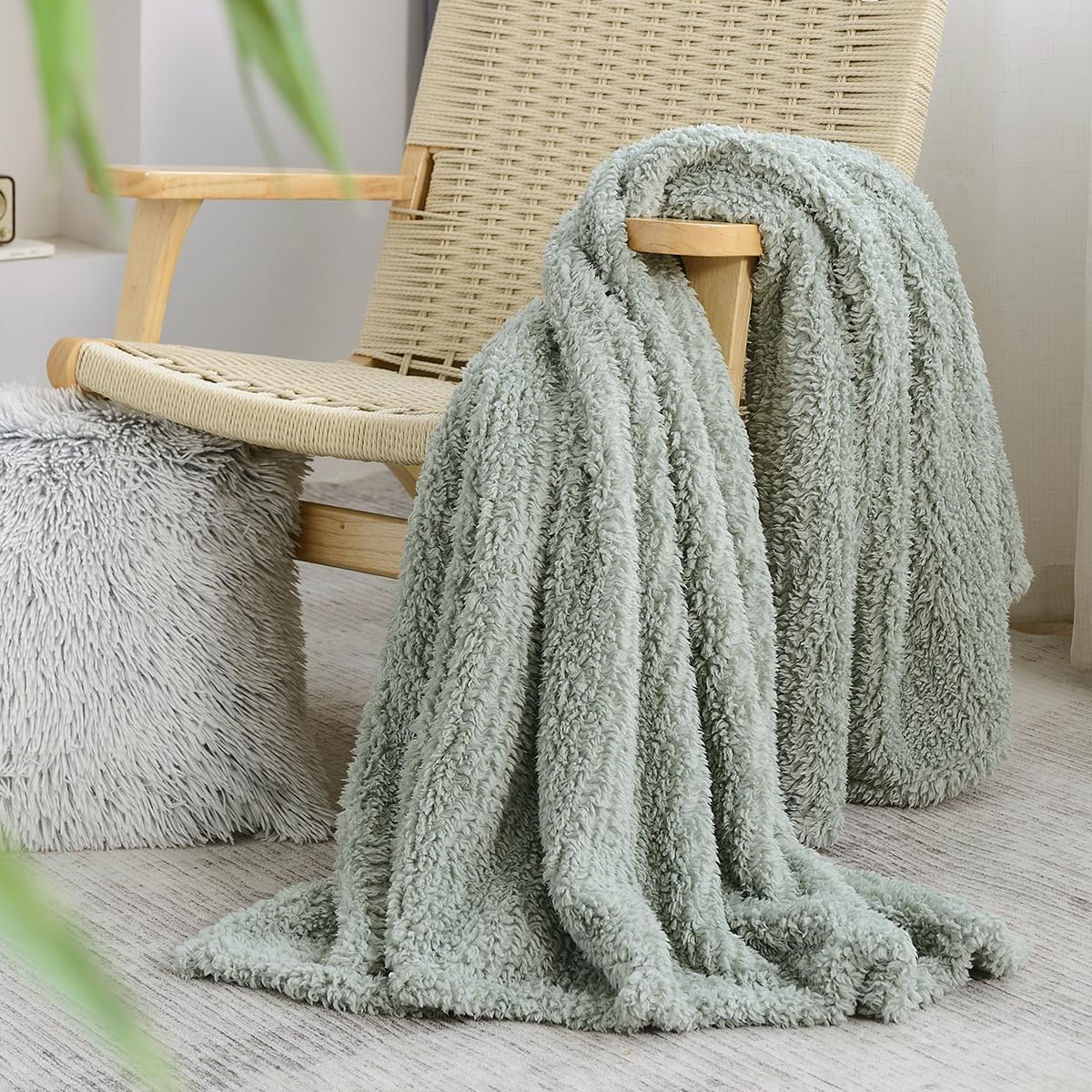 Ultra Soft Cozy Sherpa Throw Blanket, Light Weight Warm Decorative Boho Style Plush Throw Blanket Cover for Couch, Sofa, Bedroom,Travel, Outdoor, 60”x80”, Sage Green