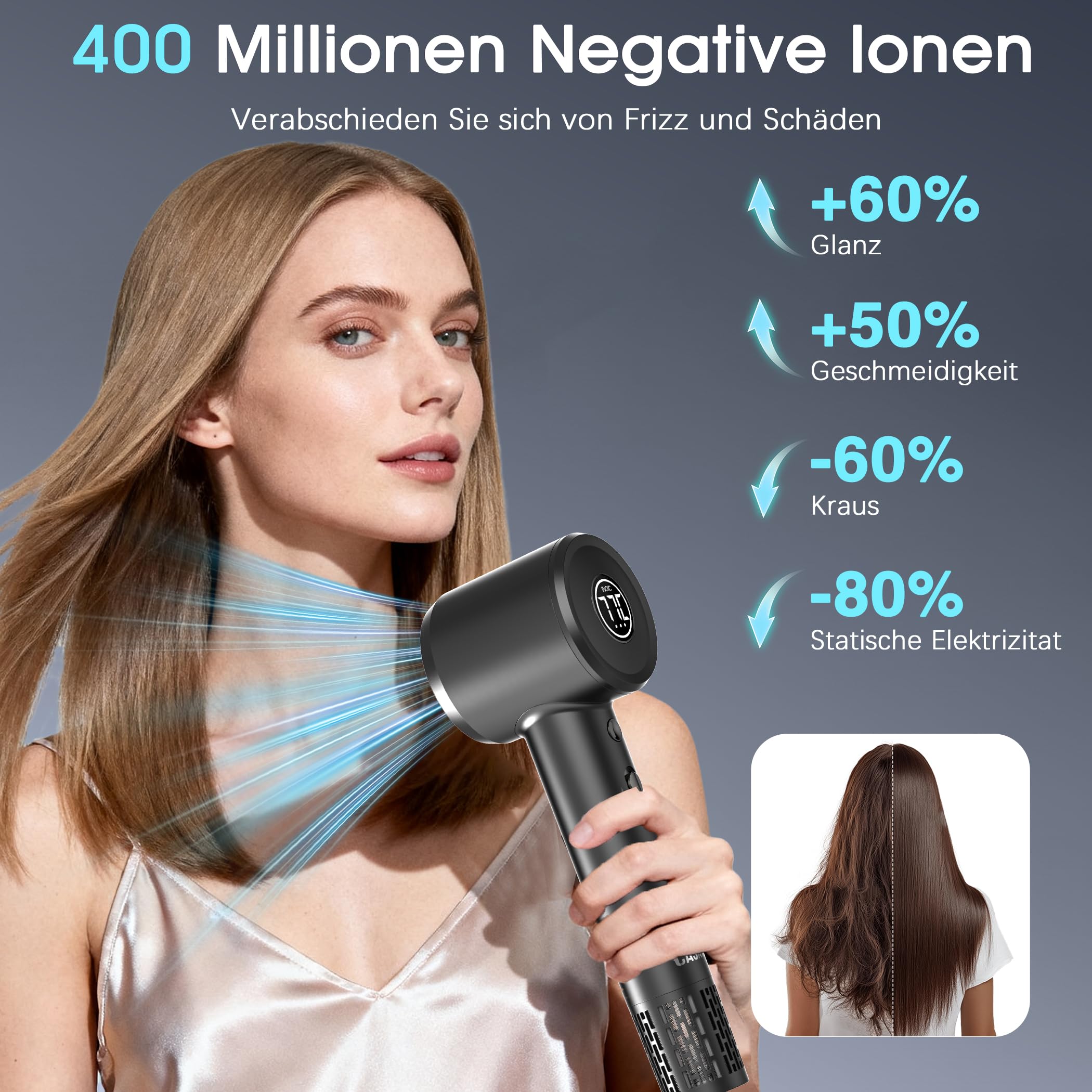 Secador de pelo de iones negativos con termostato inteligente, cuidado del cabello, secador de pelo silencioso, secado rápido (gris)
