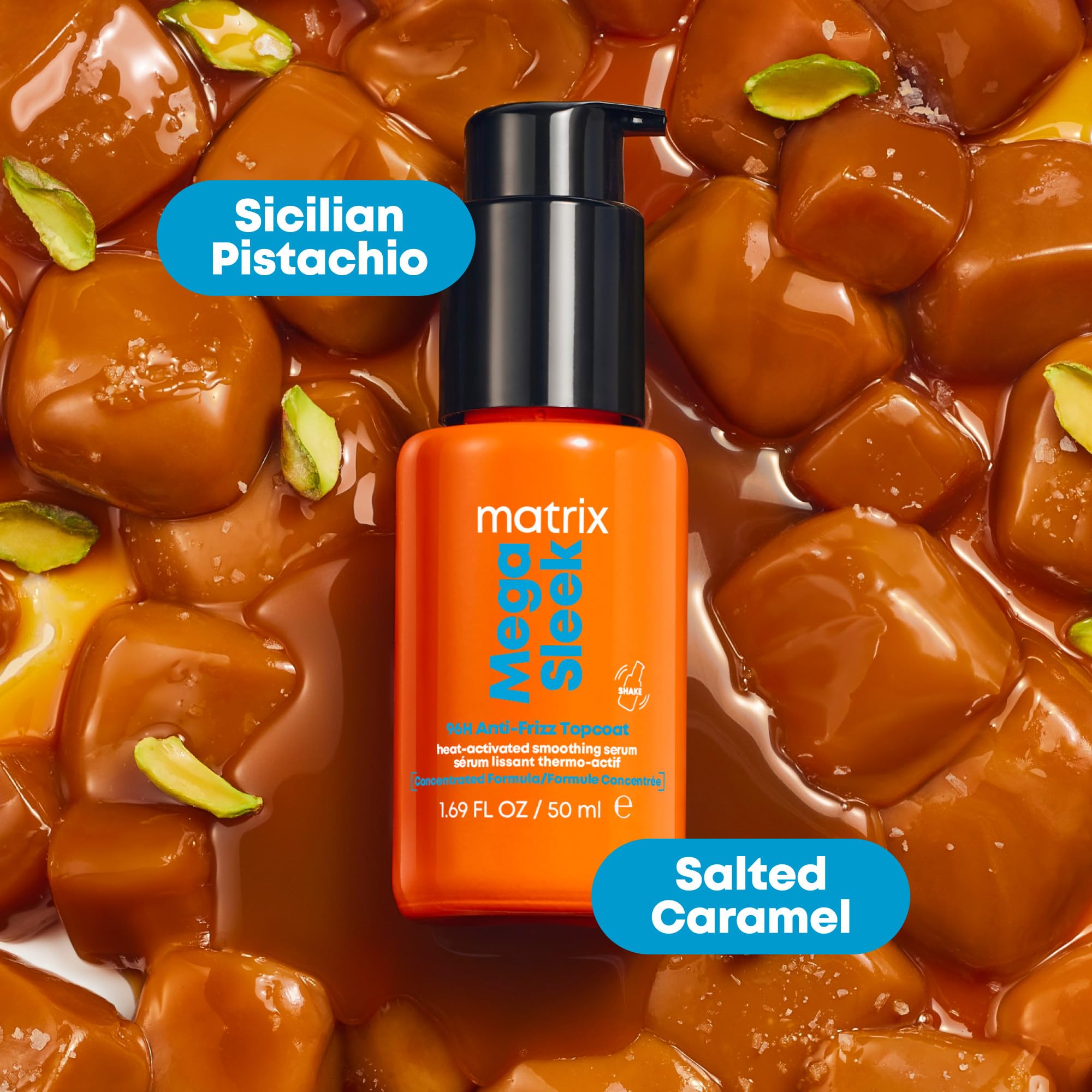 Matrix Mega Sleek Topcoat Serum przeciw puszeniu się 96H, profesjonalna formuła termoaktywowana, do wszystkich rodzajów kręconych włosów, chroni przed ciepłem i wilgocią, zapewnia jasność, odporność