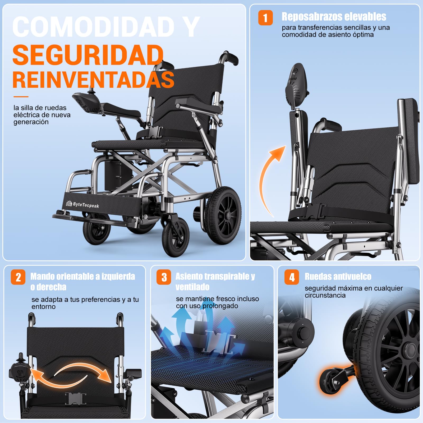 ByteTecpeak D12 Silla de Ruedas Eléctrica Plegable y Ligera para Mayores