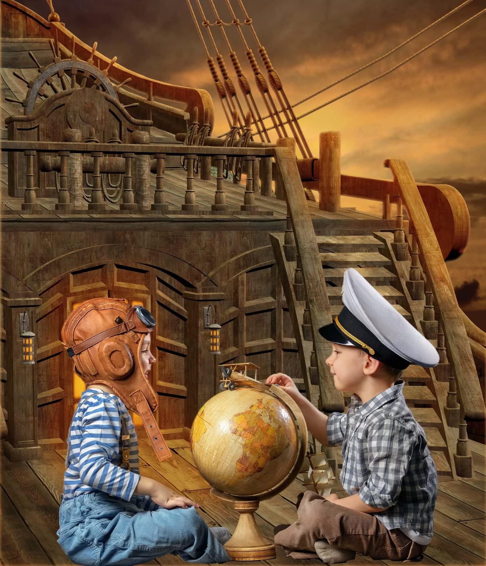 CORFOTO 6.5x10ft Pirate Ship Deck Backdrop Vintage Sailboat Photography Background Nautical Wooden Battleship Photoshoot Cruise Boys Kids Birthday Party Halloween Pirate Decorations Photo Booth Props