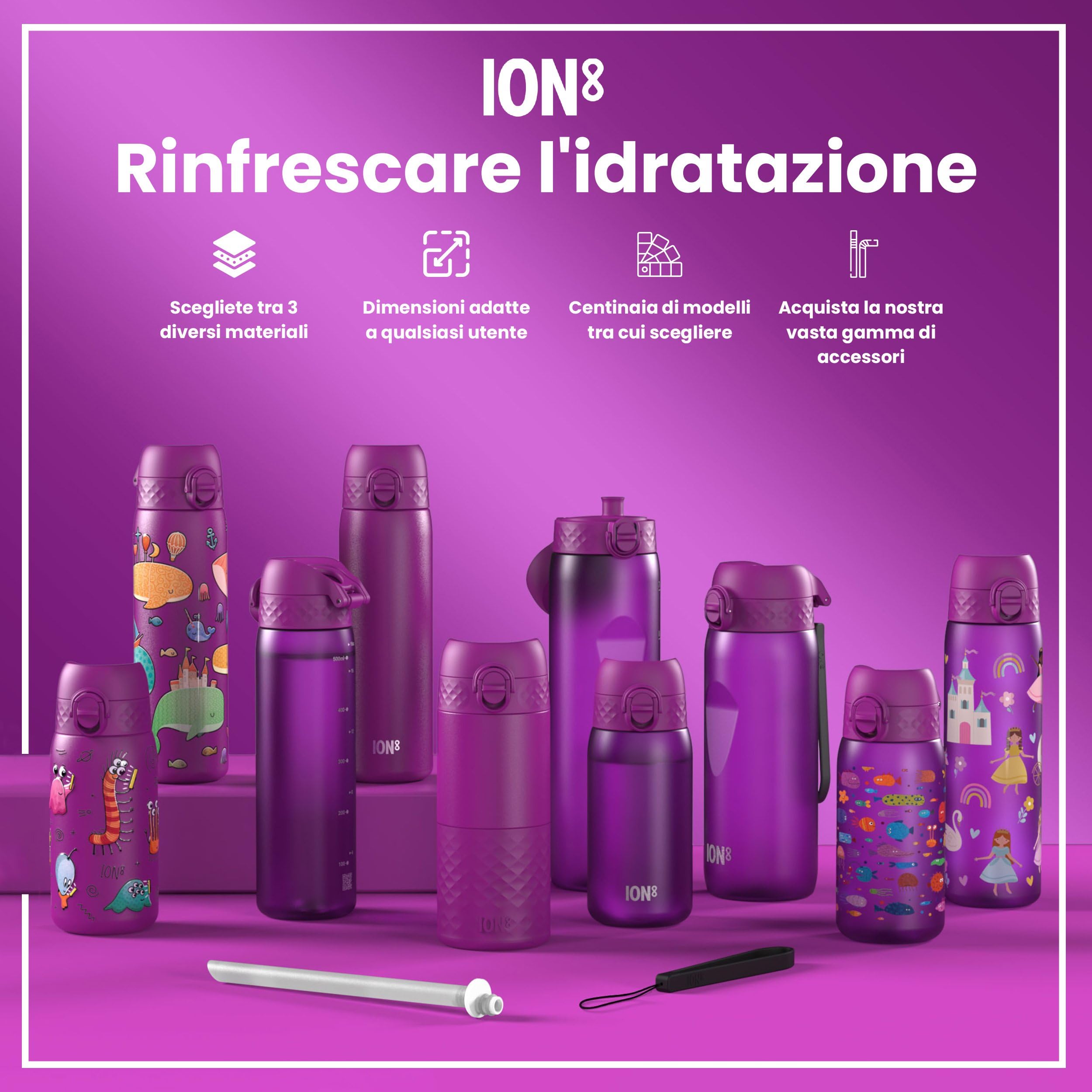 Ion8 Borraccia Termica in Acciaio Isolato, 500ml, a Prova di Perdite, Facile da Aprire, Serratura Sicura, Lavabile in Lavastoviglie, Maniglia per il Trasporto, Facile Pulizia, Durevole, Principessa
