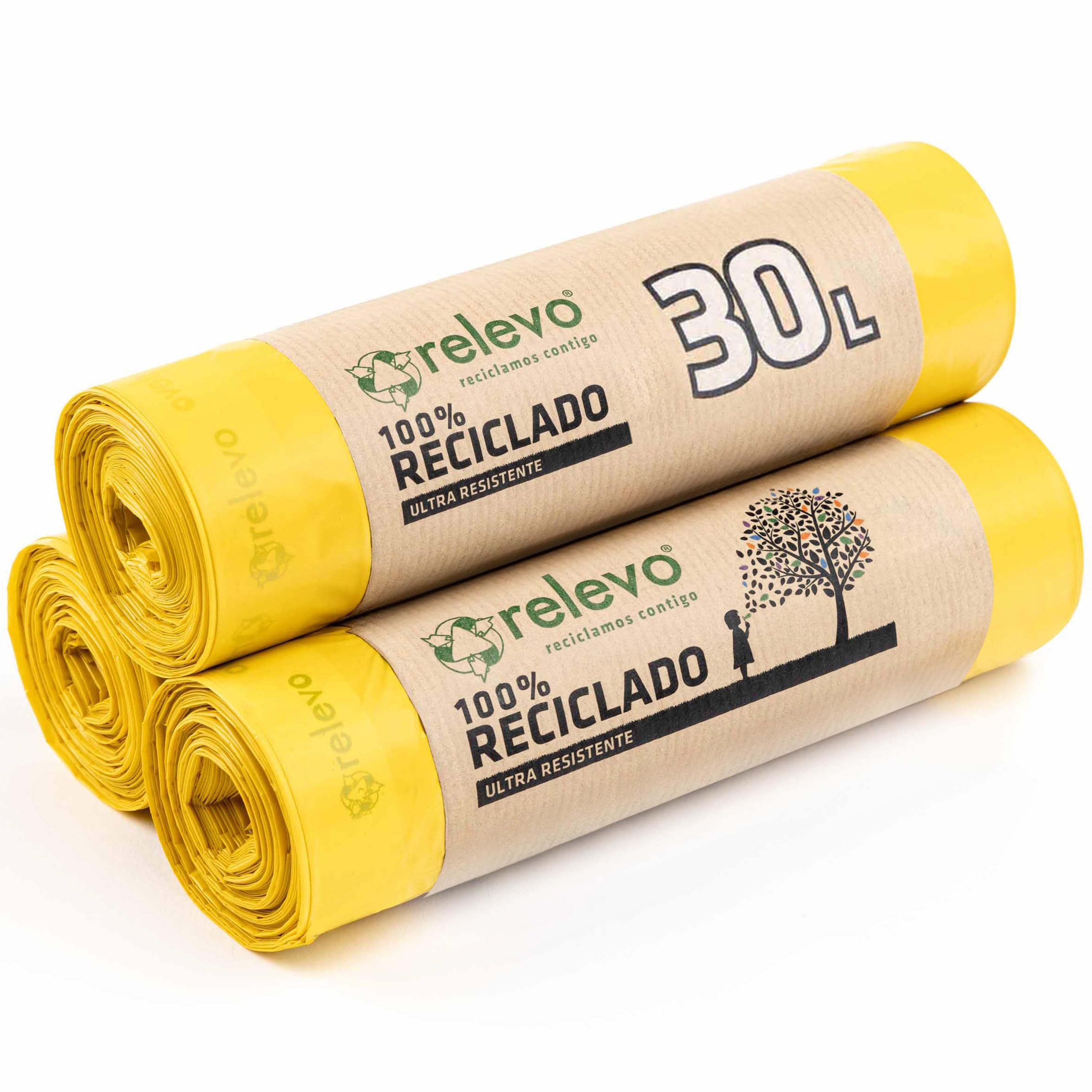Relevo 30 Litre Bin Bags – Made from 100% Recycled Material. Yellow Bin Bags 30L – 55 cm x 60 cm. Includes 45 units of Pedal Bin Liners with Drawstrings