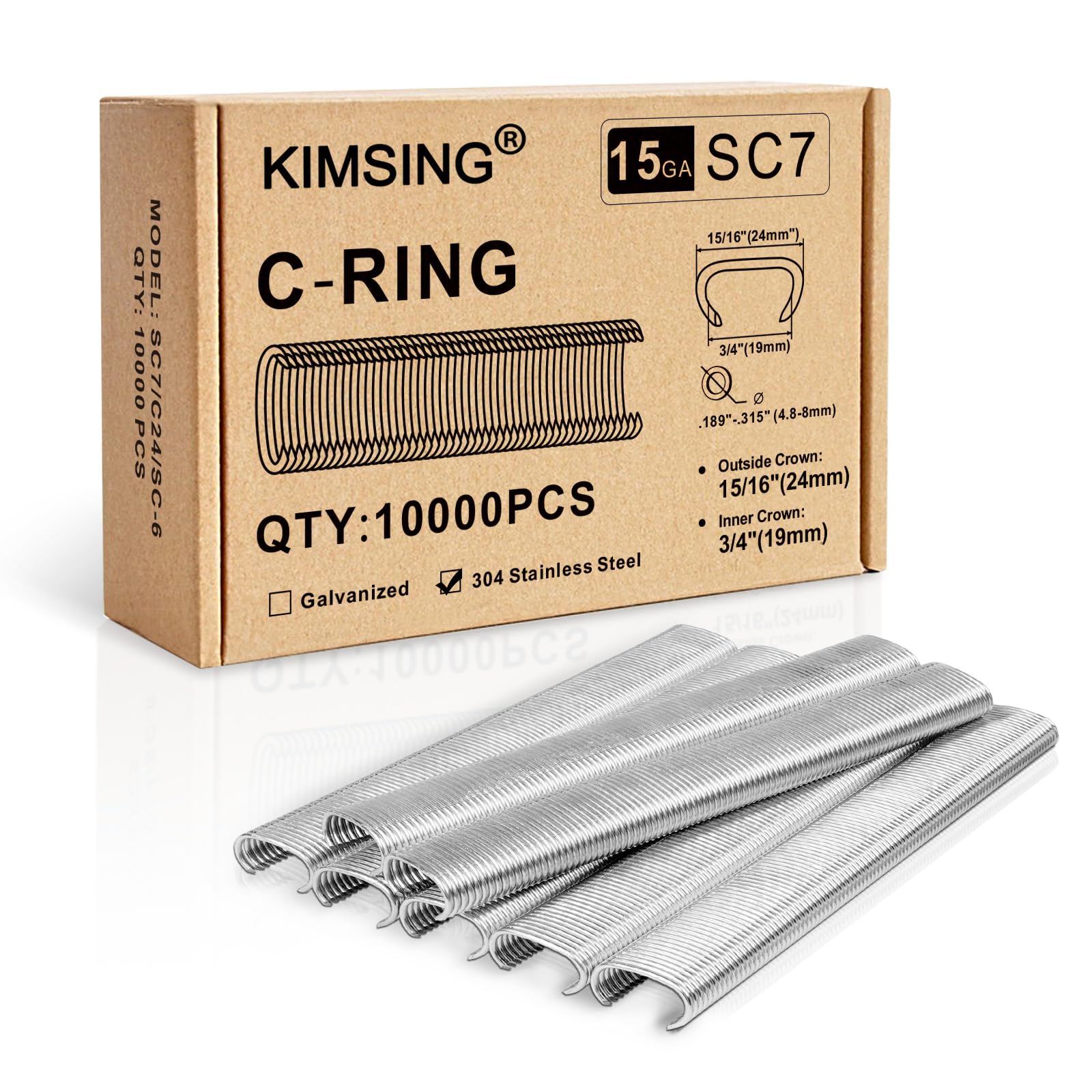 Kamsin K-SC7E Herramienta neumática de anillo de cerdo de calibre 15 con nariz larga, grapas de anillo de cerdo de corona de 3/4 pulgadas (grapas 304SS SC7 (10,000 piezas/caja)) | Corona int. 19mm - ext. 24mm, cierre 4,8-8mm, para pinzas C 15GA, jaulas an