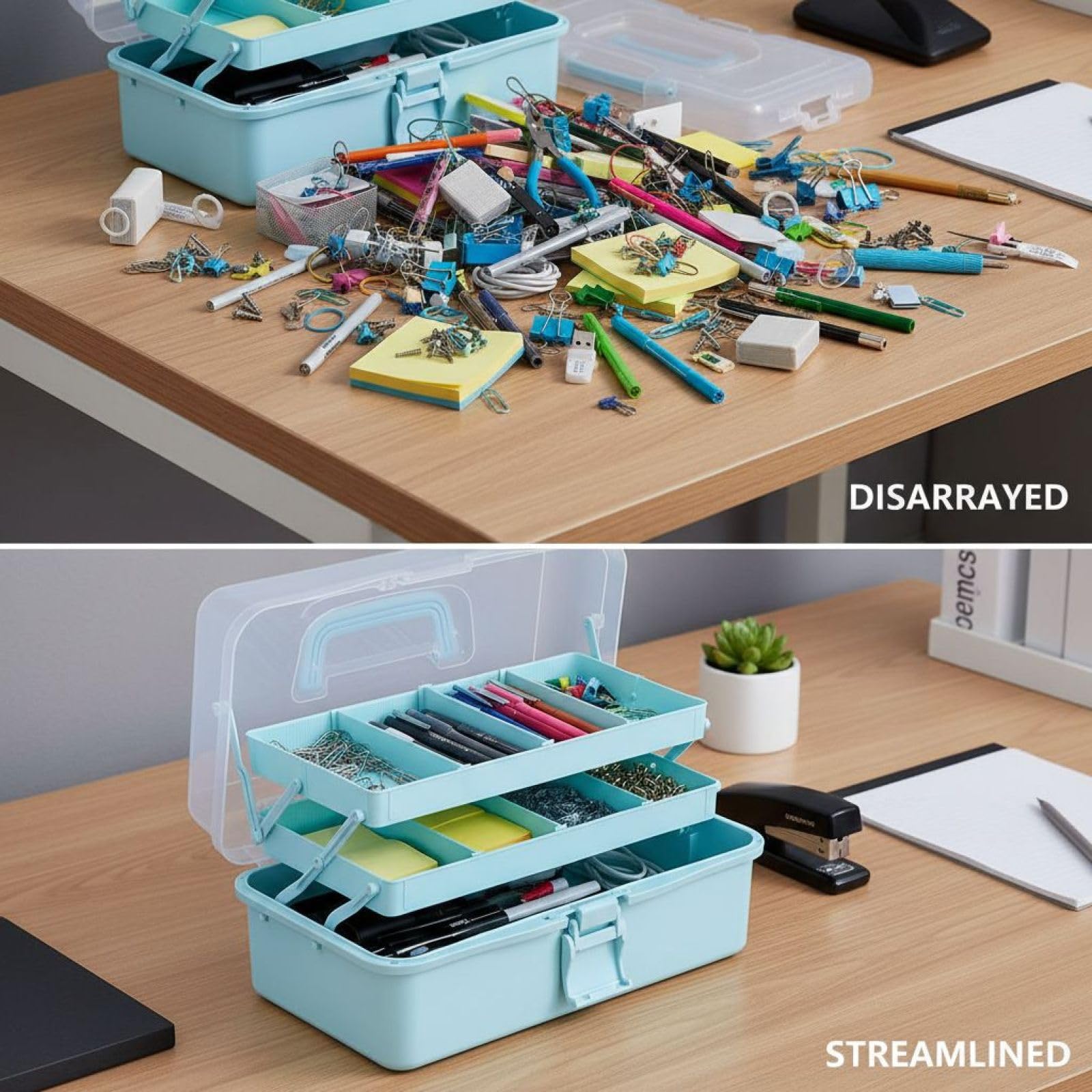 byepica Regulowane przegrody, przenośne pudełko na sprzęt, 3-warstwowy jasnoniebieski organizer do rękodzieła, ręczny organizer do szycia, 33 x 18 x 14 cm, duże pudełko do przechowywania przyborów
