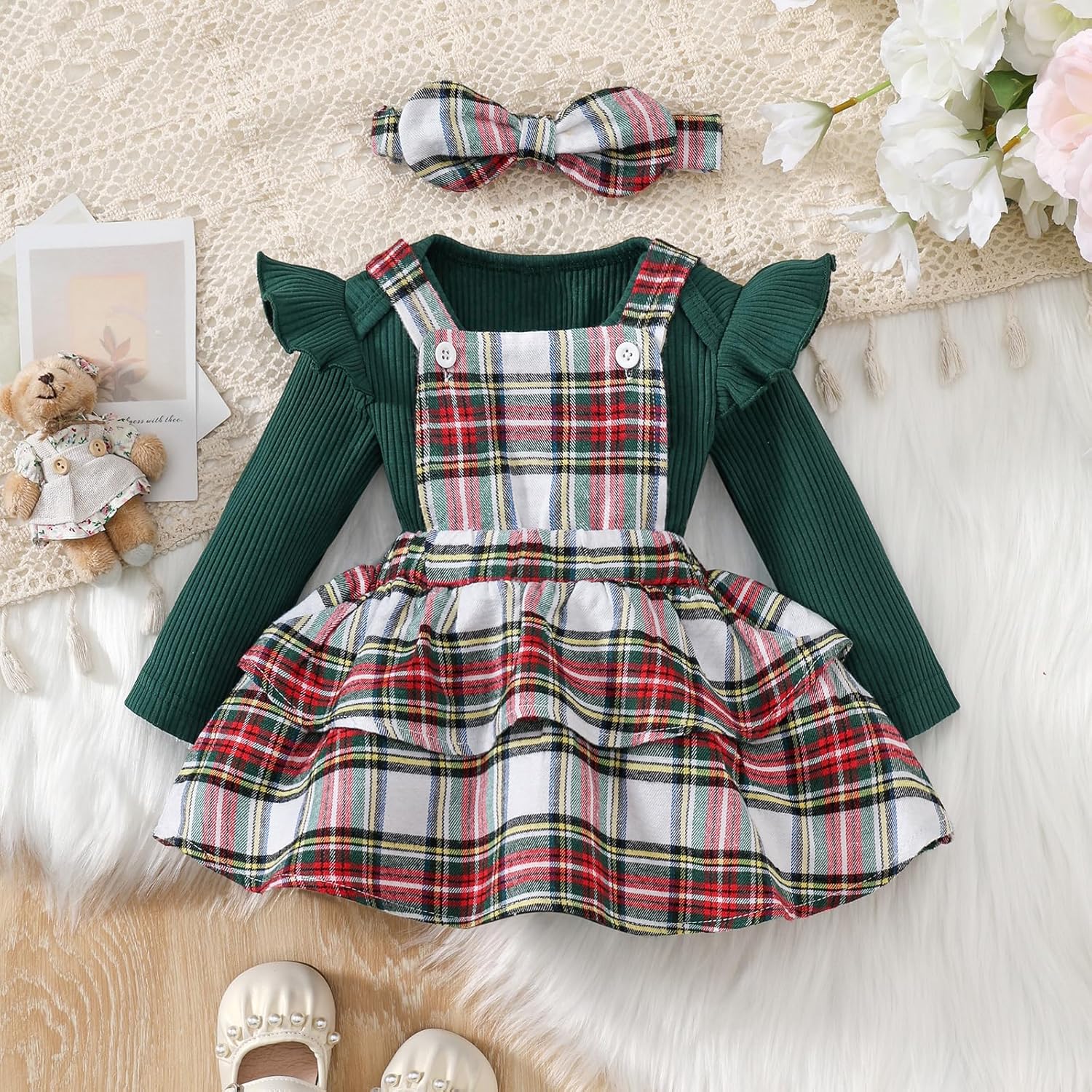 COSLAND Baby Girl Christmas Outfit Long Sleeve Romper Overall Skirt Dress 3Pcs Set, 0-24 Months - Image 2