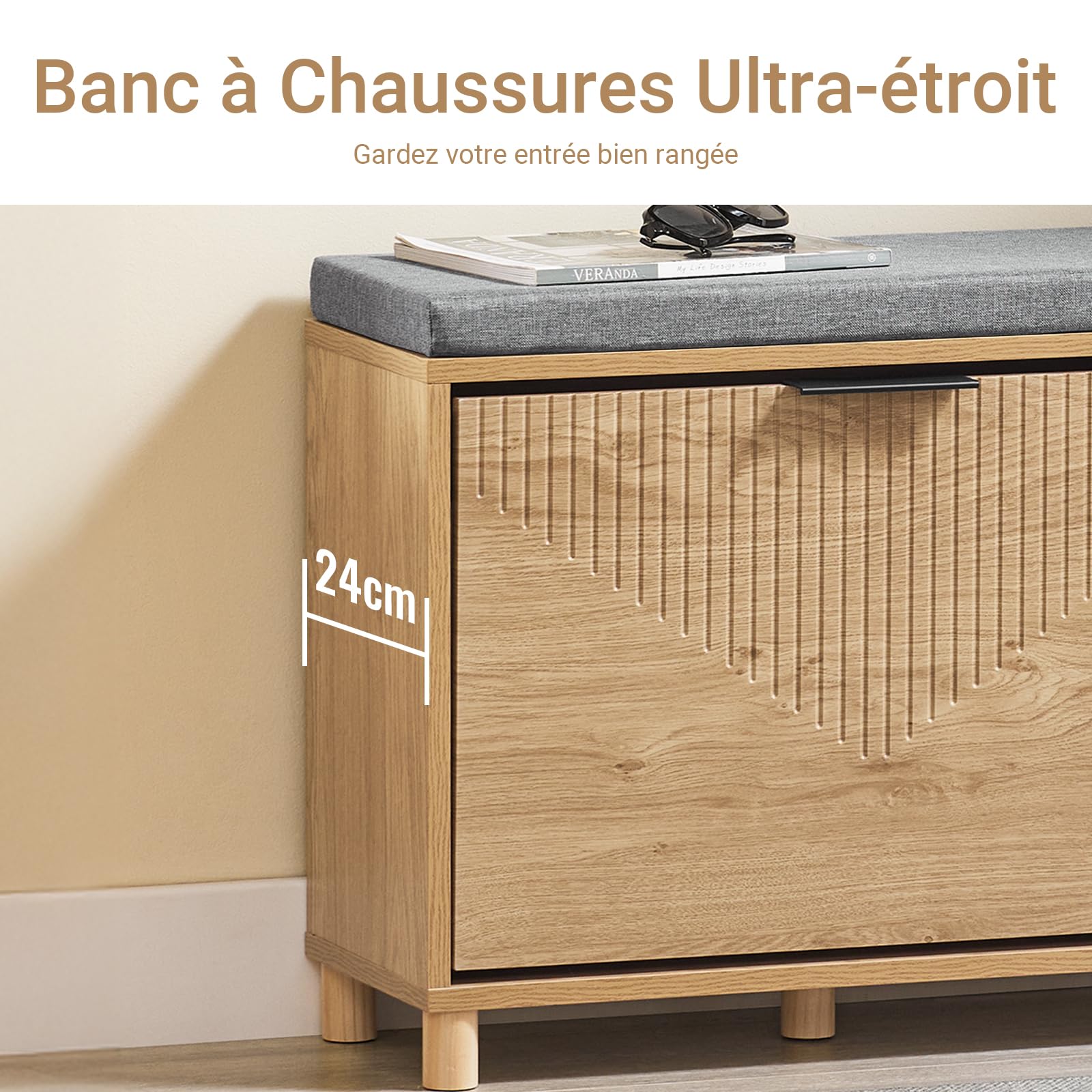 SoBuy Banc Chaussures avec Coussin 60x24x50cm pour Entrée | Meuble à chaussures rangement caché à abattant, bois pour couloir et entrée FSR199-N