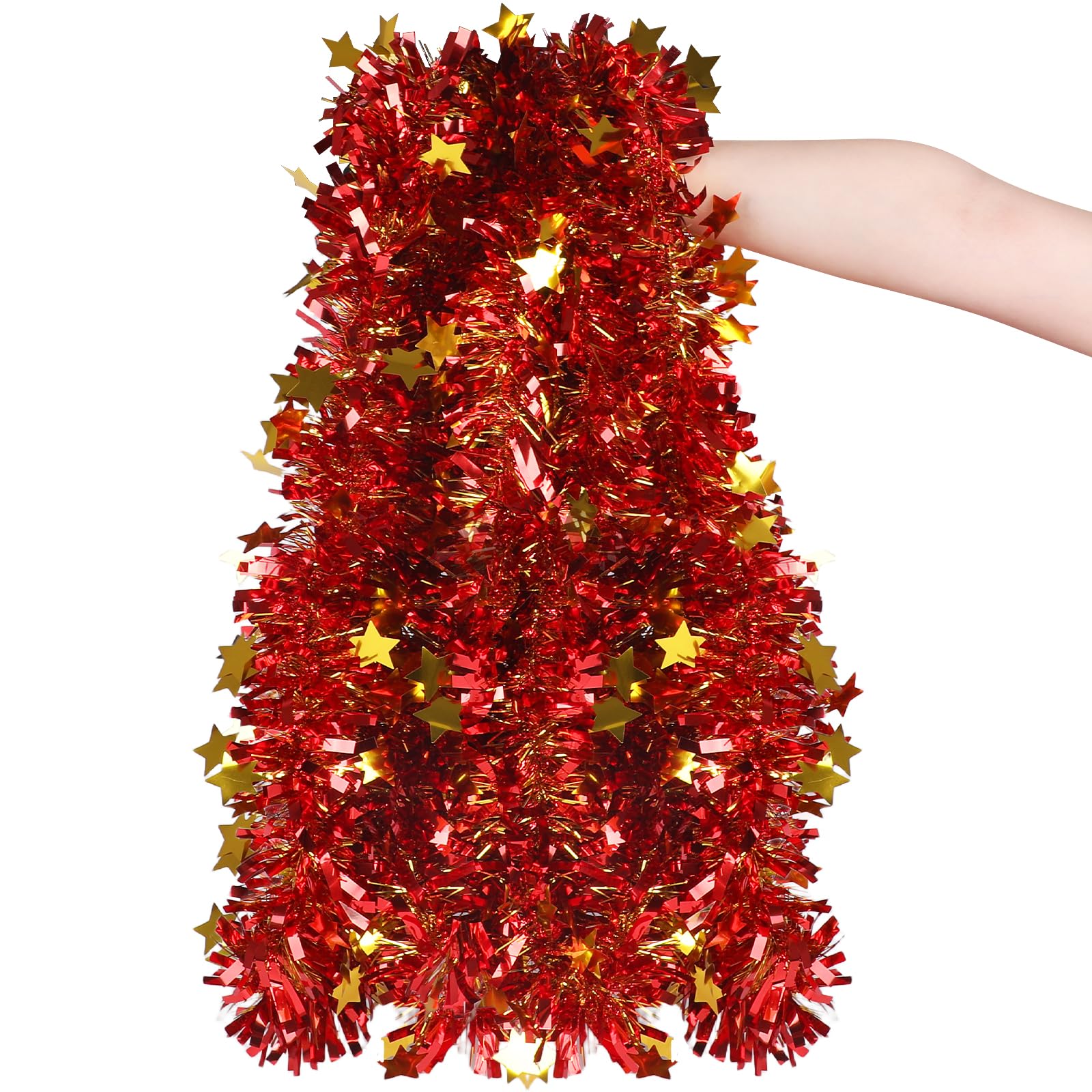 LOKIPA 10M/32.8Ft Christmas Tinsel Garlands, Red and Gold with Star Xmas Metallic Chunky Tinsel Garland for Christmas Tree Decorations