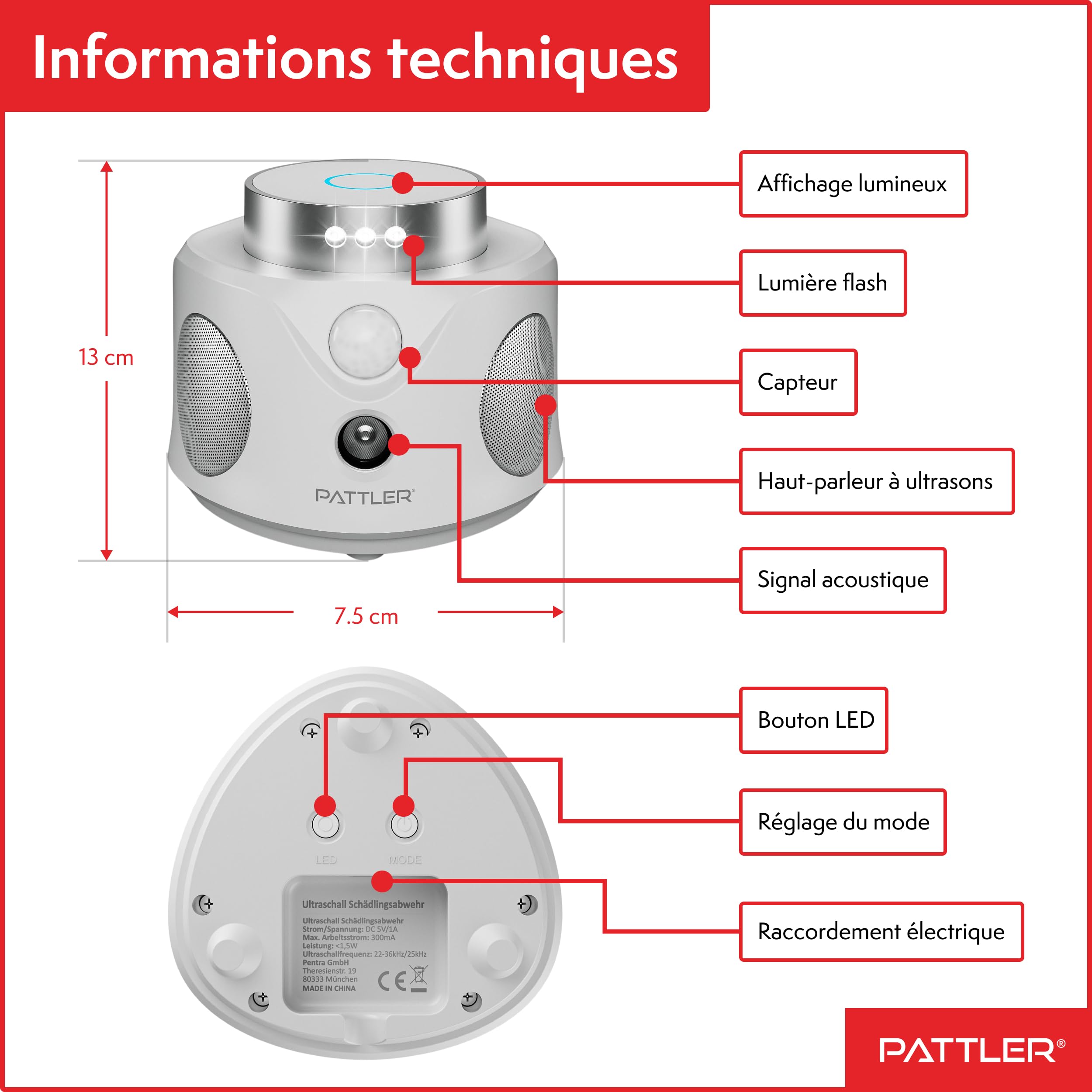 PATTLER® - Répulsif pour Souris à ultrasons 360° - Repousse efficacement Les Souris avec des Ondes ultrasonores - 2 pièces