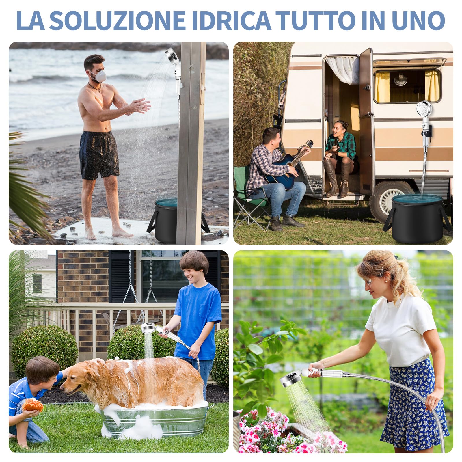 YOOHBERRYS Doccia Portatile, Doccia Campeggio Aggiornata con 20L Secchio Pieghevole Doccia Elettrica con Batteria da 6000 mAh, Doccia Filtrabile, Display Ddella Temperatura per Giardino, Campeggio