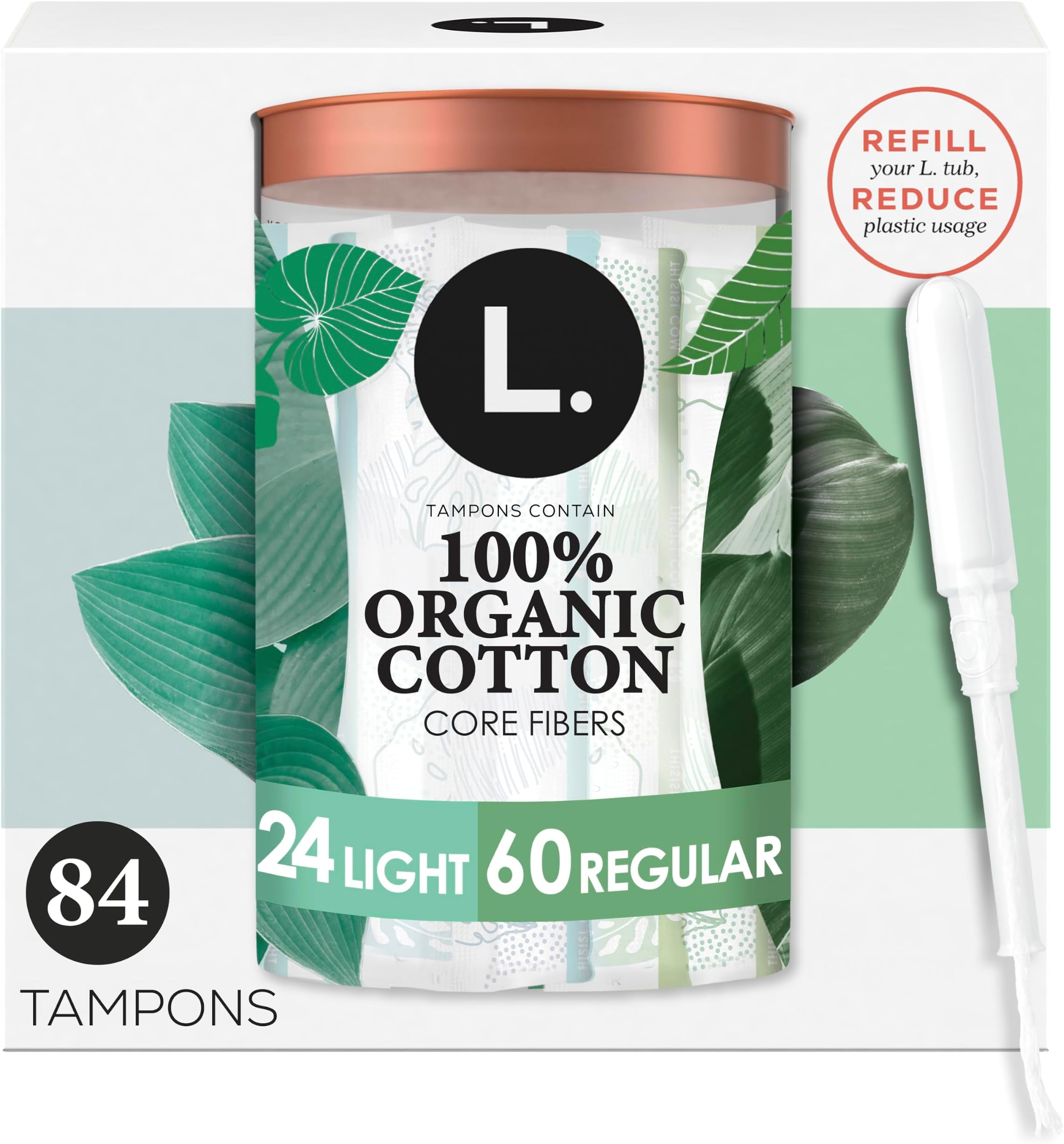 L. Cotton Tampons Light/Regular Absorbency Multipack, Contains an Organic Cotton Core, Made Without Synthetic Pesticides, or Fragrances, 84 Count