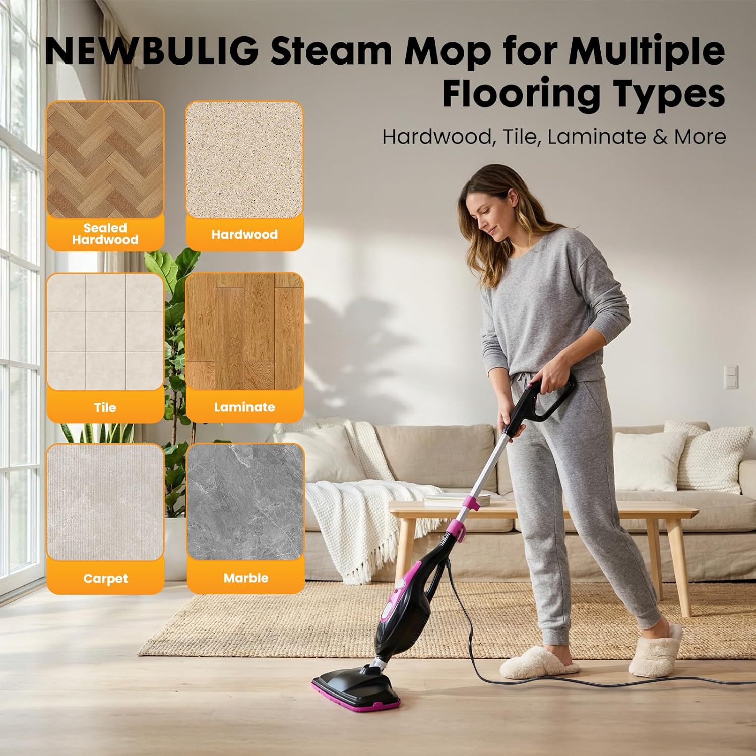 NEWBULIG 14-in-1 Steam Mop, Powerful Detachable Handheld Steam Cleaner for Floor Cleaning with 2 Washable Pads, 16.4 FT Cord, Multi-Purpose Floor Steamer for Hardwood, Clothes, Carpet, Tile, Grout