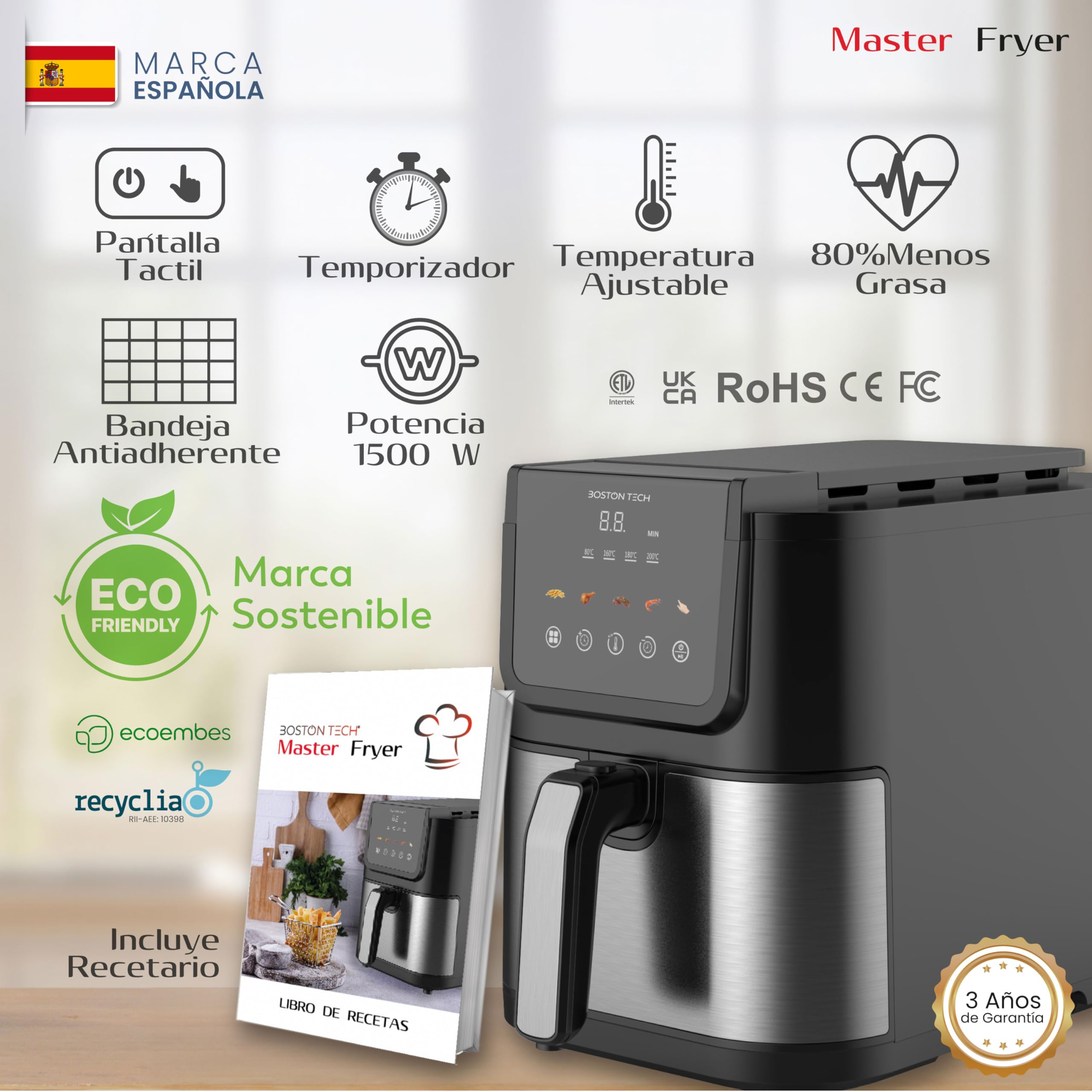 Boston Tech Freidora de Aire Master Fryer 5L, 1500W, 5 Programas, Pantalla LED, Control Táctil, Temperatura Ajustable, Cesta Antiadherente, Temporizador, Incluye Recetario, Acero Inoxidable