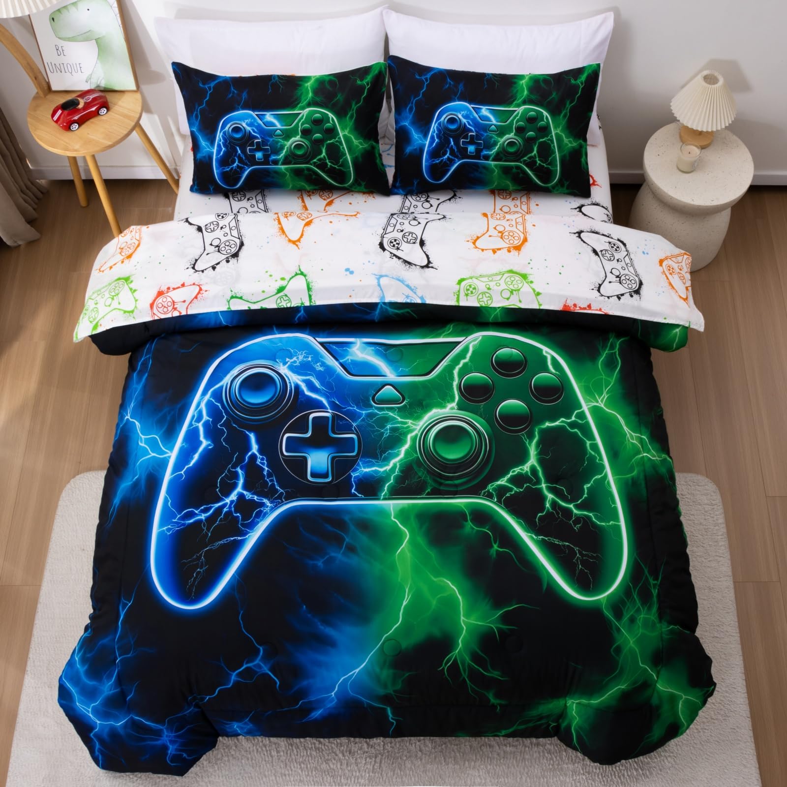 Meeting Story 5-Piece Boys Bedding Set Queen Size Green and Blue Game Console Kids Bed in A Bag Soft Lightweight Video Gamepad Bedroom Set(Bluegreen)