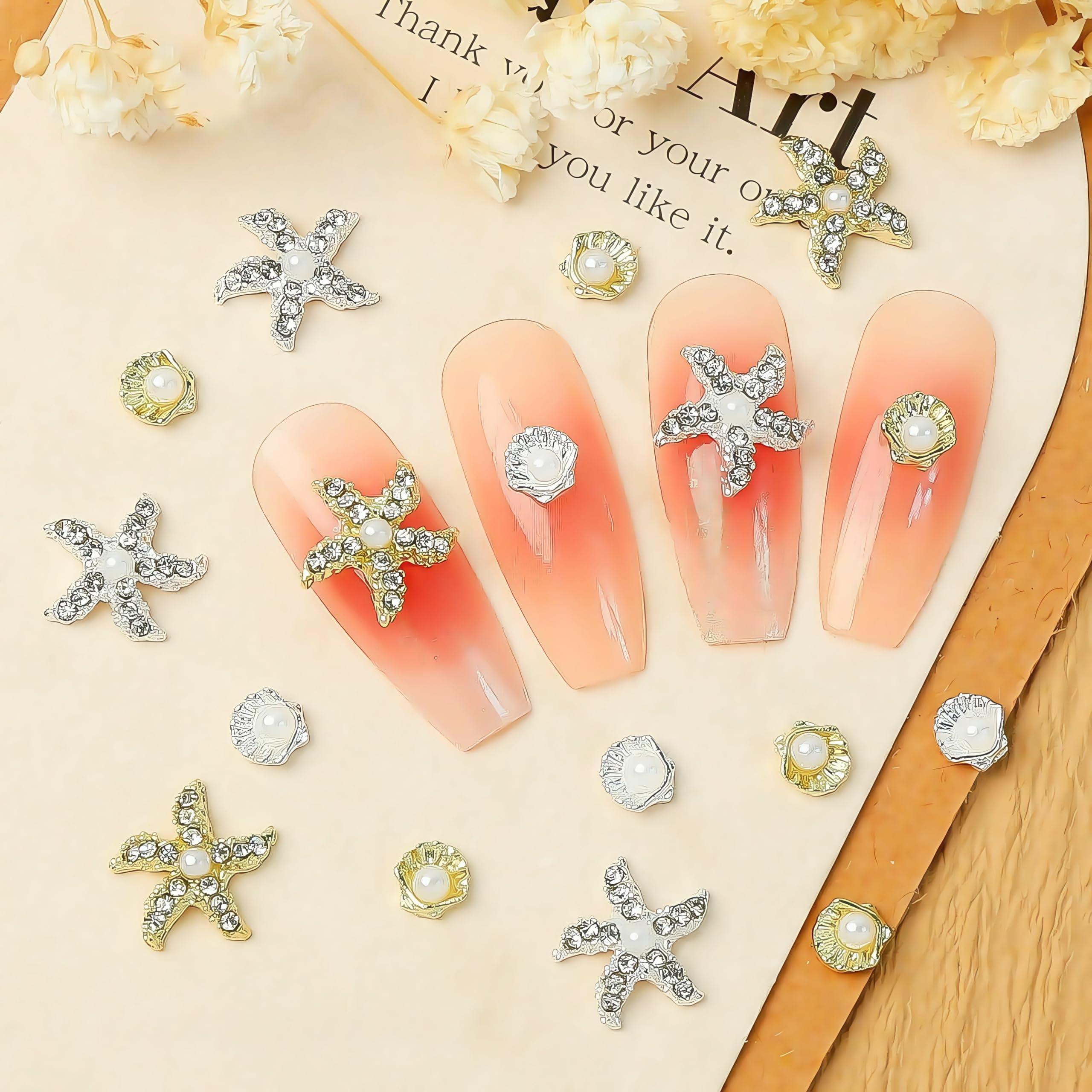 24 ciondoli per unghie a forma di stella marina 3D in lega di colore misto oro argento strass per nail art da spiaggia perla metallizzata gioielli per unghie a tema oceano stella marina serie mare