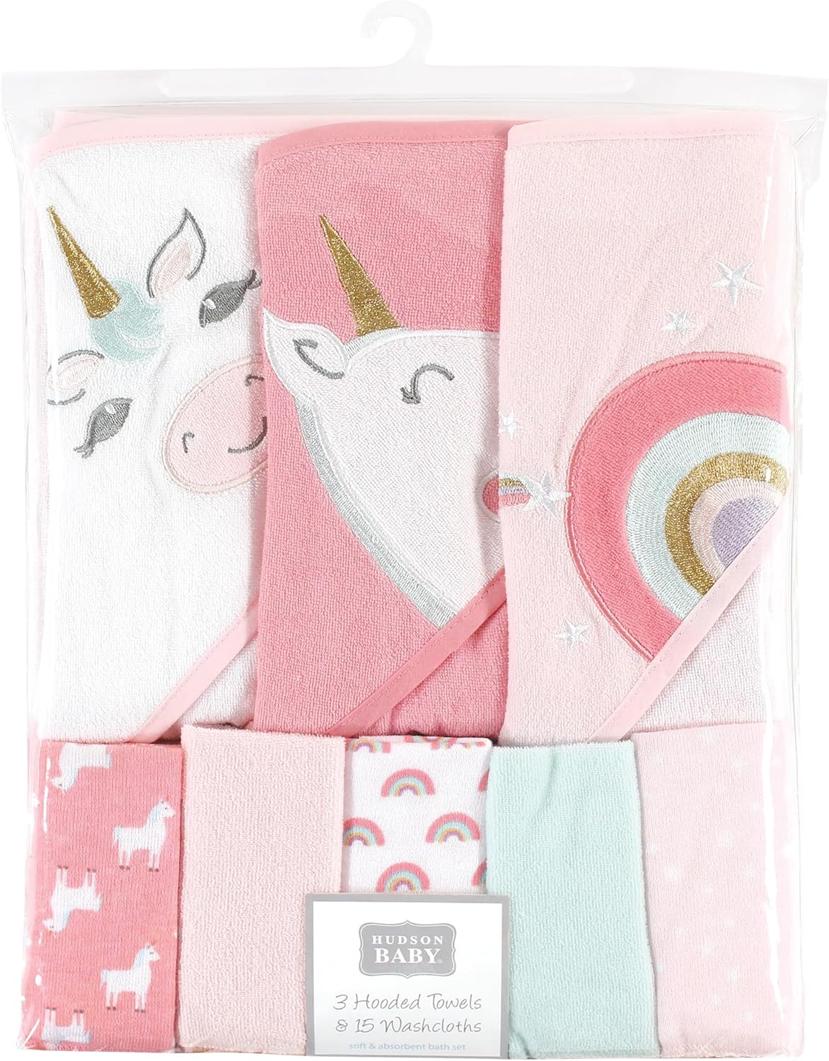 Hudson Baby Unisex Baby Animal Hooded Towel 3pk and 15 Washcloths, Unicorn, One Size