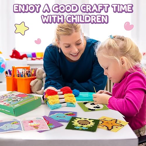 Miniatura 7 de Caydo Kit de punto de cruz 8 en 1 para principiantes y niños, incluye 8 lienzos de plástico con patrones previos, 13 hilos de colores, instrucciones