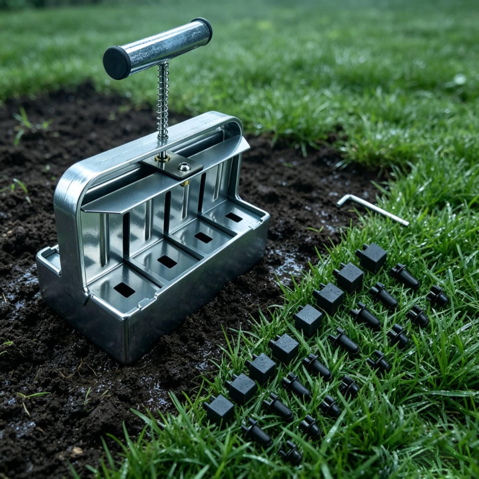 Manual Soil Creatore di Zolle Stampatore per Formatore Blocchi Terriccio con Impugnatura a Asta Centrale in Metallo con Perni Intercambiabili Adatto a Orto Serre Trapianti