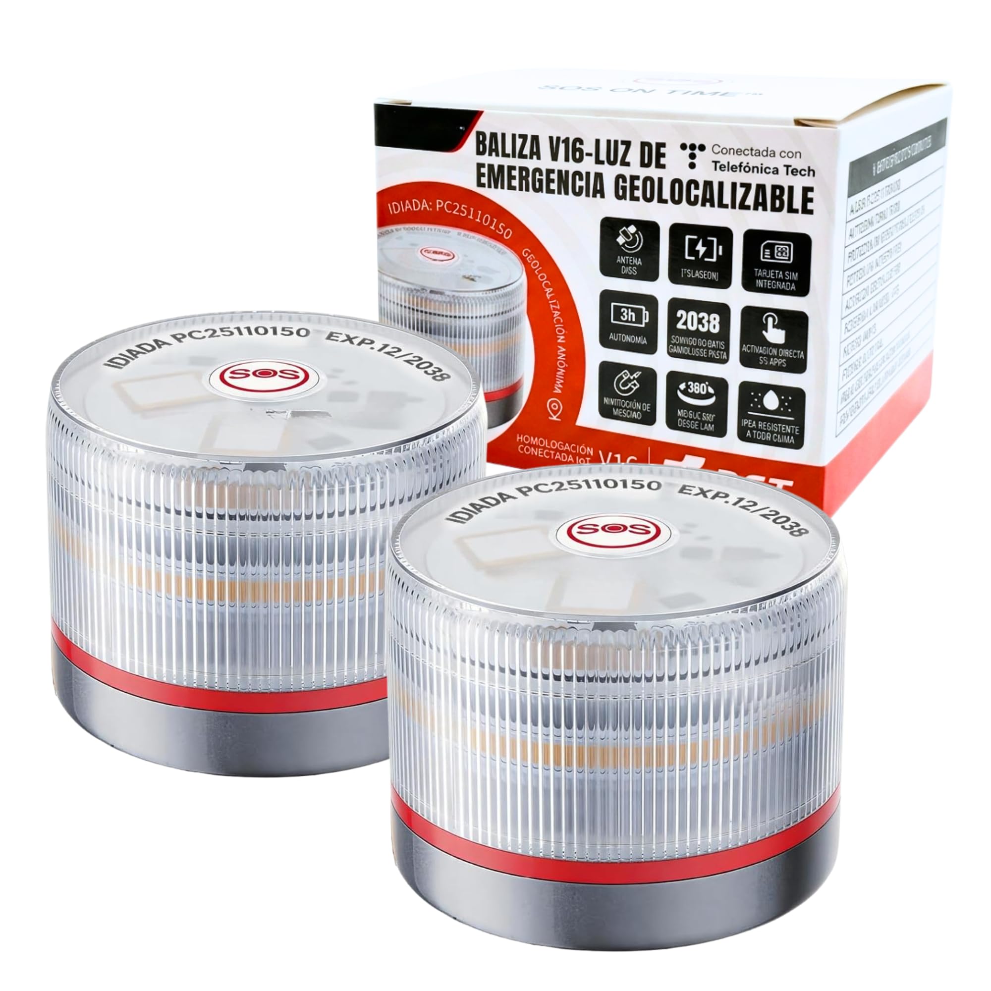 MAGIC SELECT 2x Luz de Emergencia V16 DGT 3.0 Homologada con Geolocalización para Señalización en Carretera, Coche y Moto, Luz Intermitente Naranja 360º, Base Imantada, Incluye1 Pila 9V.