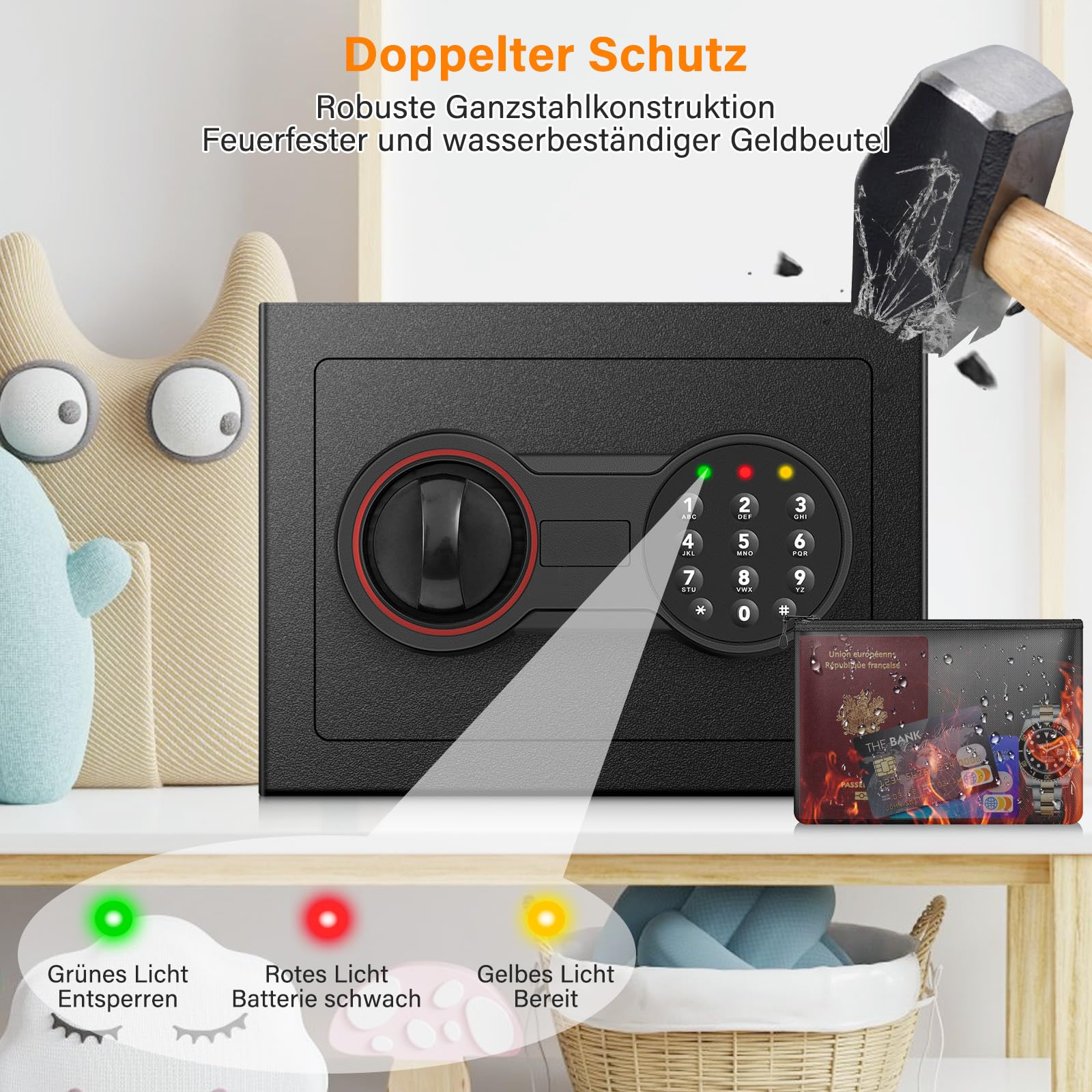 Mini Safe Tresor mit Zahlenschloss Schlüssel, MöBeltresor Klein mit Feuerfeste Tasche, Kleiner Tresor für Zuhause Sicherheitssafe,Tresore Kinder für Geld Medikamente Wertsachen Bargeld