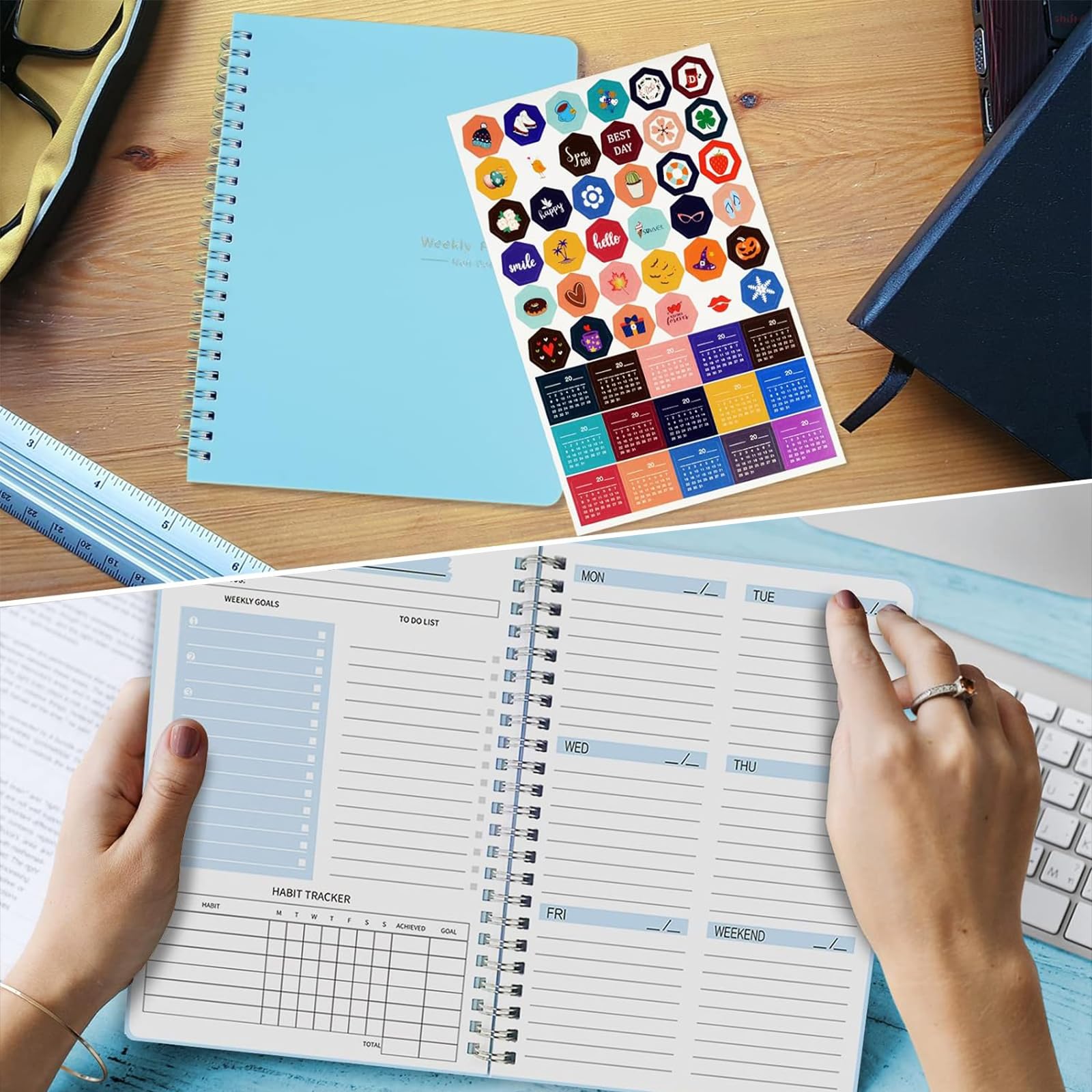 Semainier Planificateur Hebdomadaire A5 Spirale Non Daté Rose - Agenda 52 Semaines Avec Autocollants