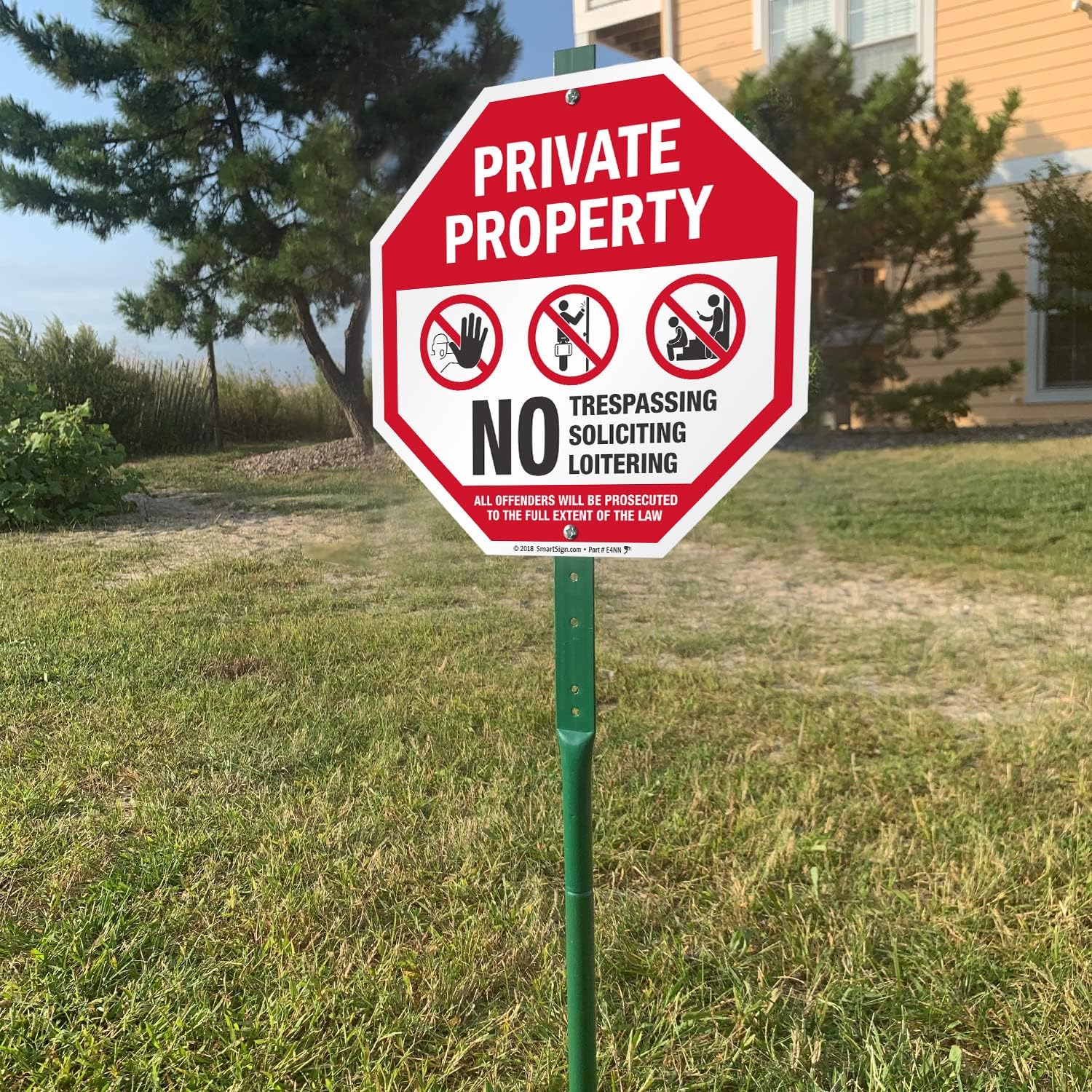 SmartSign 10" x 10" 'Private Property No Trespassing No Soliciting Offenders Prosecuted' Octagon Yard Sign with 3 ft Stake, 40 mil Laminated Rustproof Aluminum, Red/Black and White