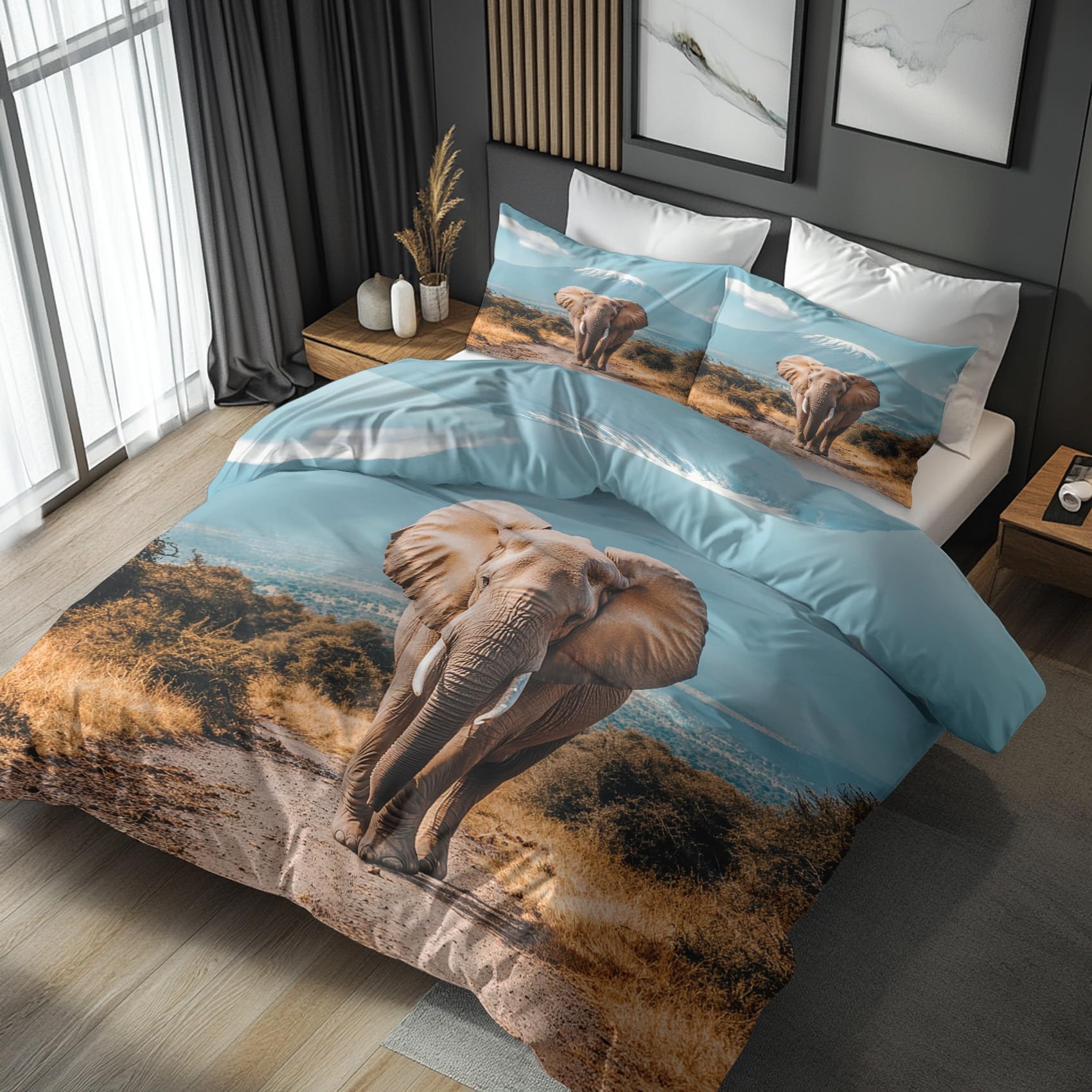 Nogawa Blue Grey African Elephant Bedding Double - Wild Animal Double Duvet Set - Reversible Quilt Cover & 2 Pillowcases With Zip And Ties, Ultra Soft And Non Iron Brushed Microfibre Bed Set