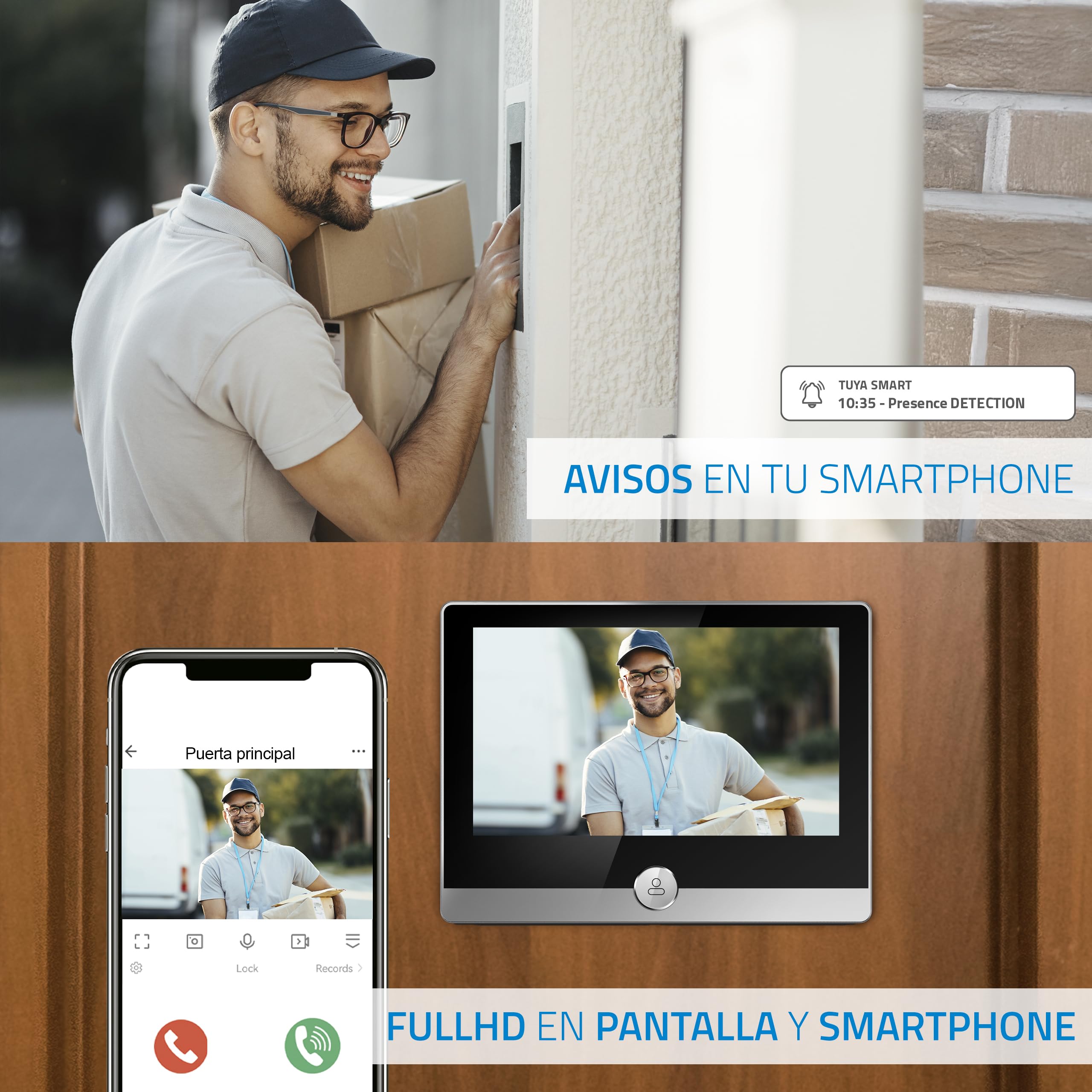 NIVIAN Mirilla Digital WiFi - Cámara vídeo Full HD con Batería y Timbre, Audio Bidireccional, Detección PIR y Visión Nocturna | App y Control por Smartphone