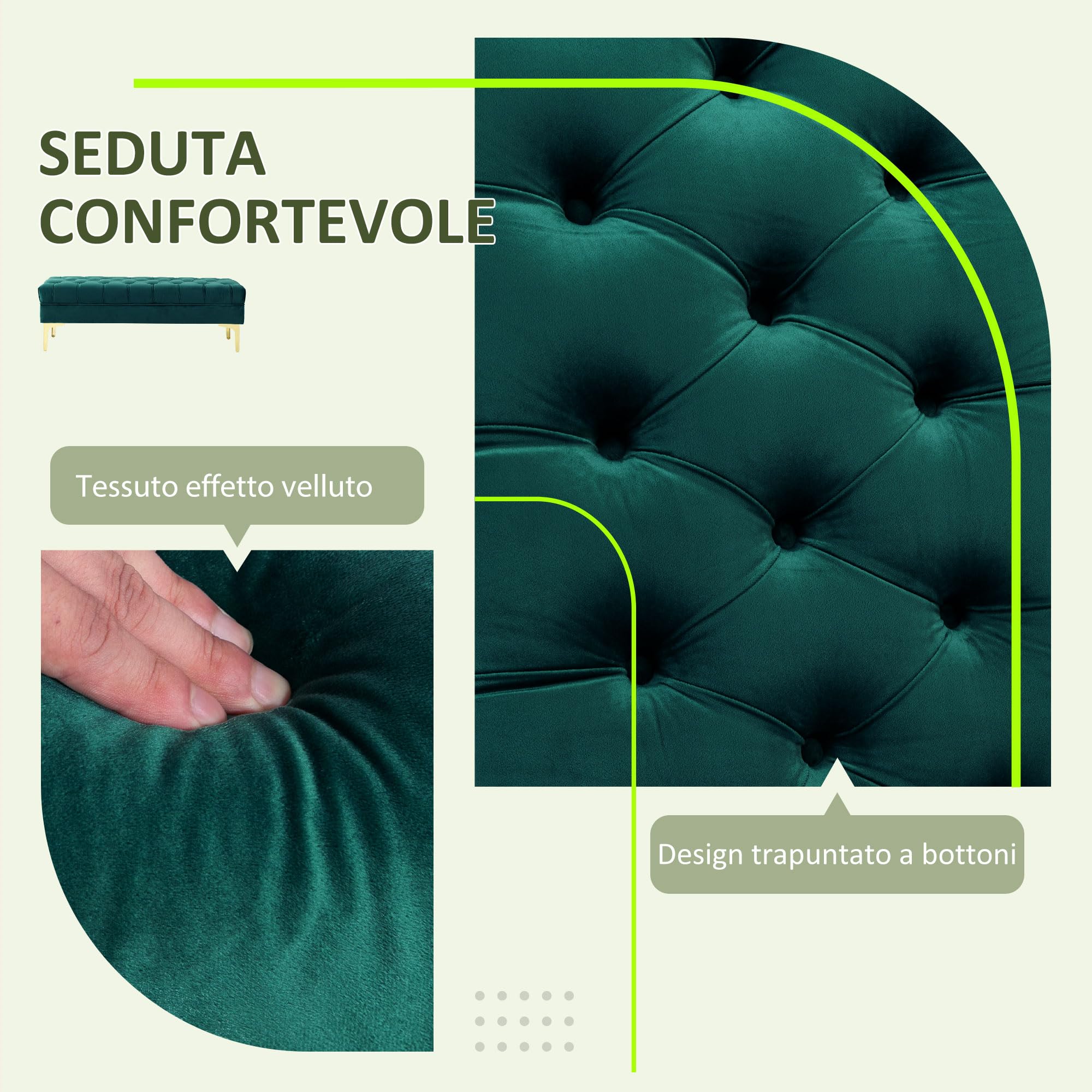 HOMCOM Panca Camera da Letto con Rivestimento Trapuntato, Panca Imbottita in Velluto con Gambe in Metallo per Ingresso, Corridoio e Soggiorno, 118x45x42 cm, Verde Scuro