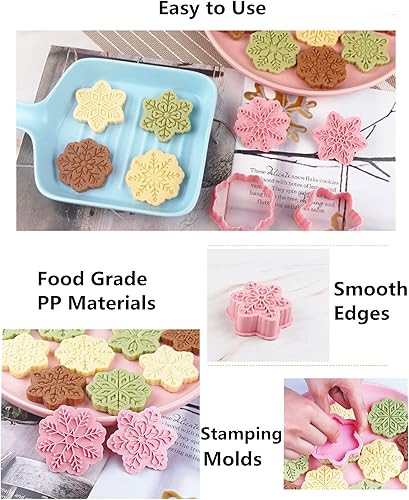 Miniatura 5 de Juego de 9 patrones de sellos de galletas de copo de nieve 3D, plástico de grado alimenticio, 6 ramas con forma de copos de nieve, cortadores de