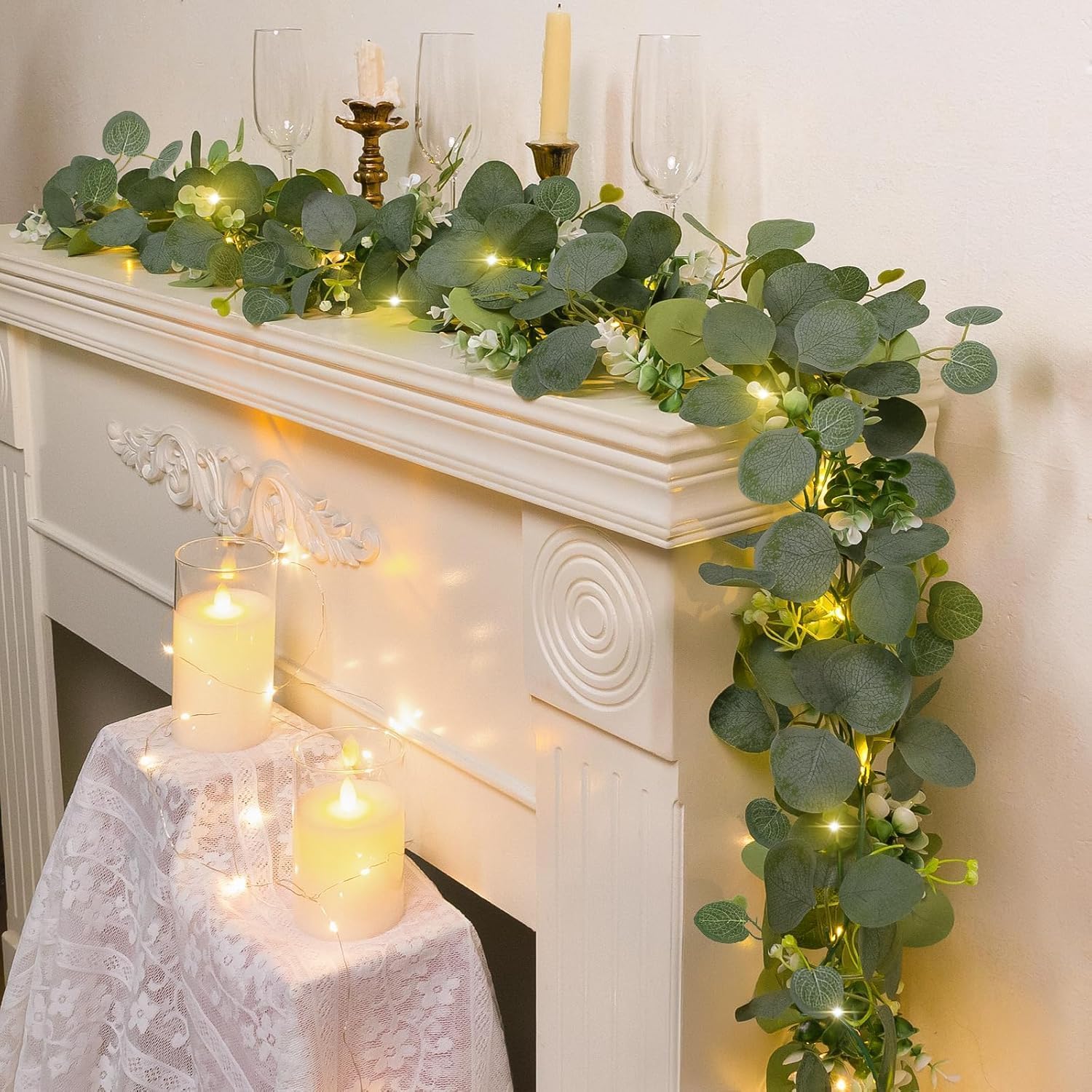 N&T NIETING Künstliche Eukalyptus-Girlande mit Lichtern, 1,8 m, batteriebetrieben mit Timer, Zweigranke für Zimmer, Treppen, Kaminsims, Hochzeit, Urlaub, Dekoration, Innen- und Außenbereich, 2 Stück