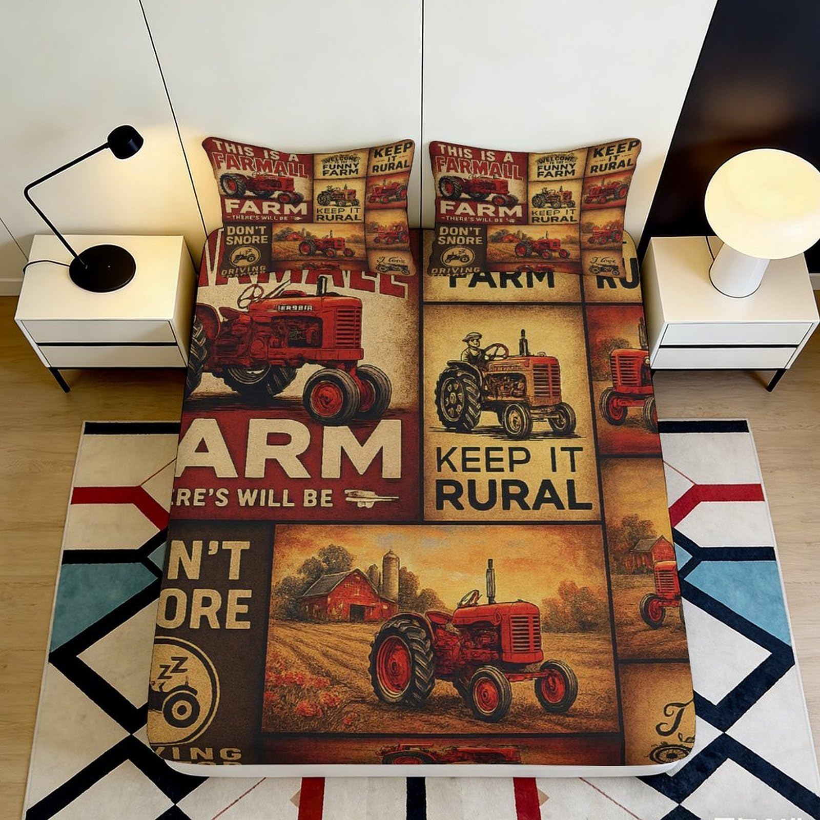 Pnayamiorkfel Style-9 3D Printed Vintage Farm Tractor Fitted Sheet Microfiber Soft Breathable Rural Landscape Mattress Cover For Bedroom Decor 90X200x25cm