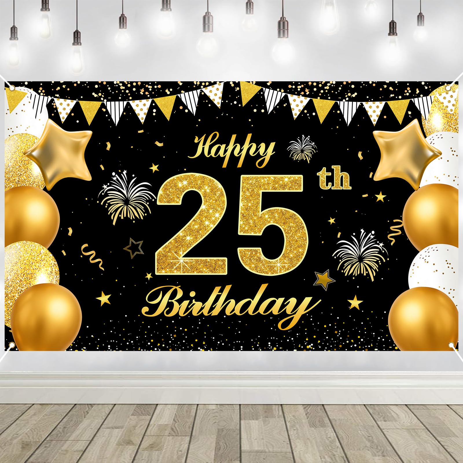 25th Birthday Decorations Banner Gold Black Happy Birthday Door Banner for Party Photo Backdrop for Men Women Home Outdoor Cover Party Decoration Supplies Poster