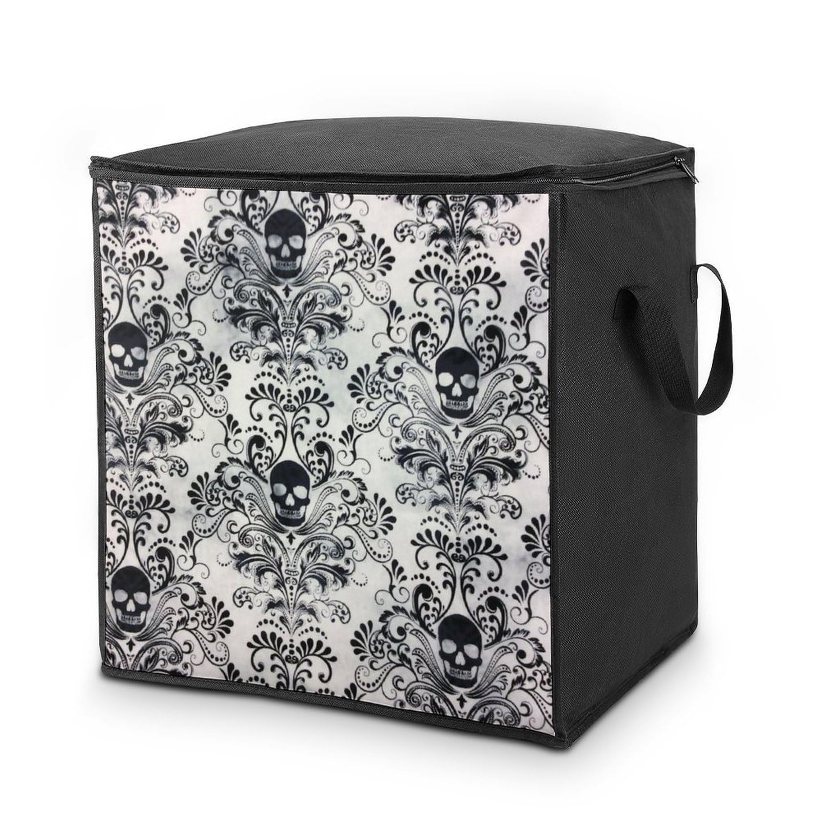 Lyfthologen 70L Storage Bags, Gothic Skull Damask Scary Halloween Storage Box with Lid Zipper And Handles, Clothes Bags for Quilt, Blankets, Bedding