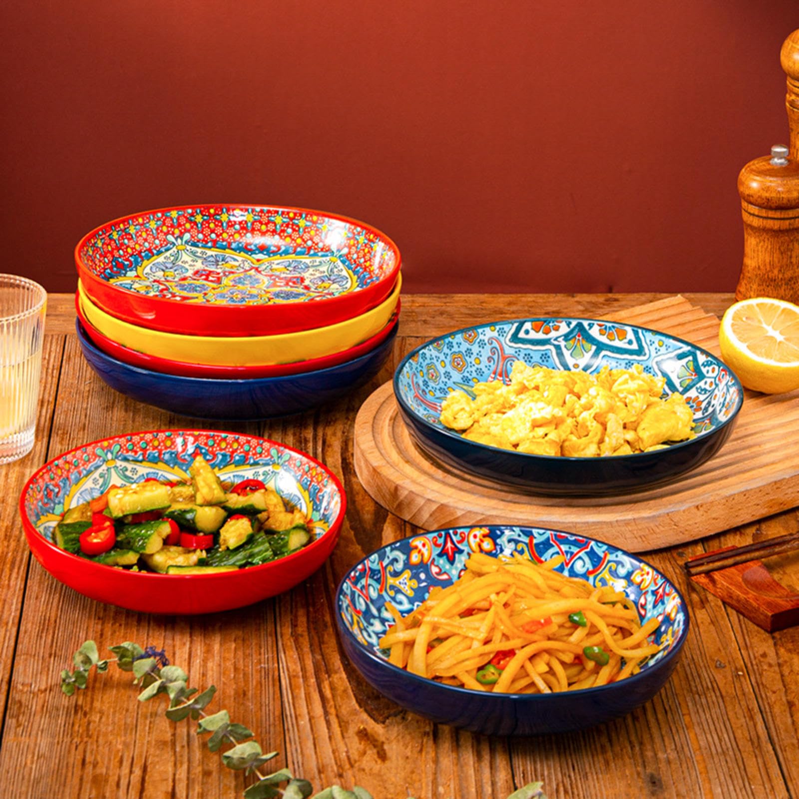 Set di 4 piatti piani rotondi in ceramica colorata da 20 cm, per pasta, torte e waffle, adatti al microonde e alla lavastoviglie