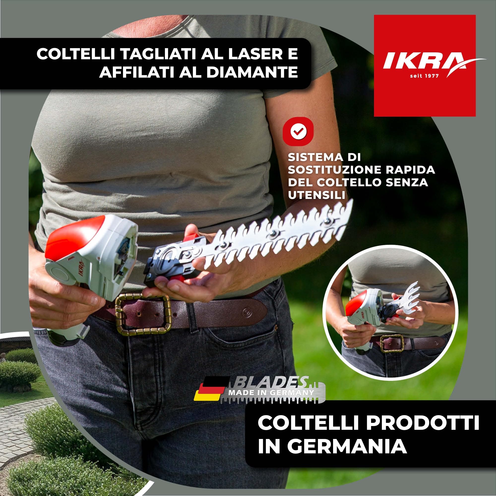IKRA cesoie per erba e arbusti a batteria telescopiche IGBS 1210 F, incl. batteria 12V e caricabatteria, lame Made in Germany