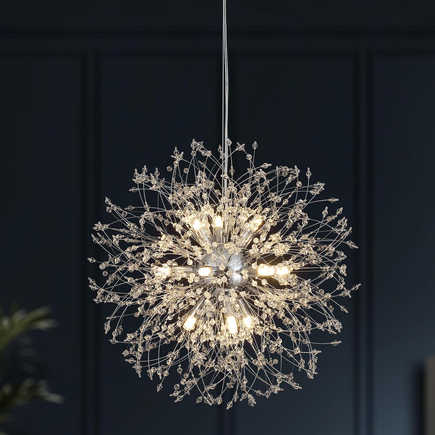 Modern Crystal Chandeliers 12 Lights - 23.6' Chrome Firework Sputnik Dandelion Chandelier Light Fixture Starburst Pendant for Dining Room, Entryway, Bedroom, Kitchen