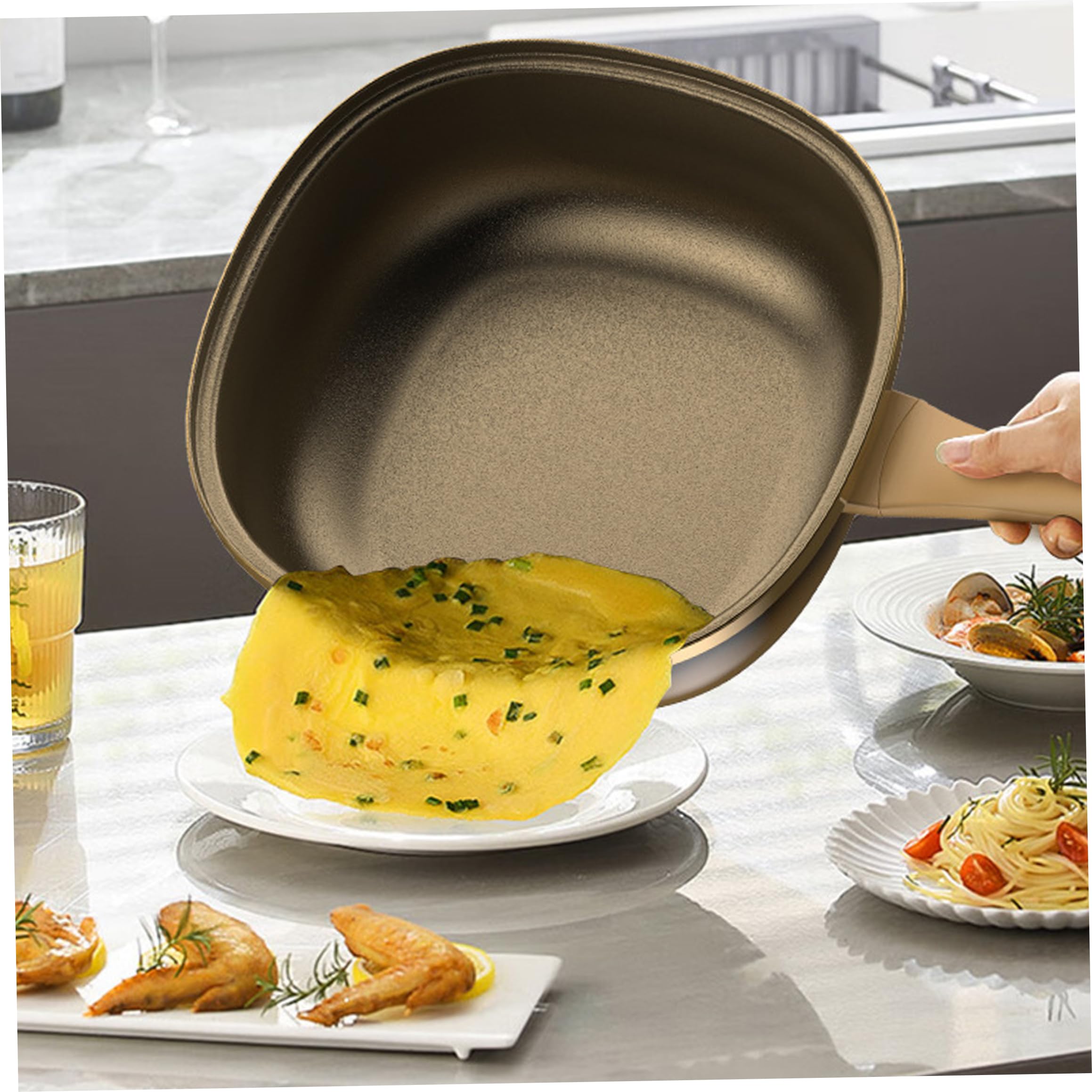 Sartén con tapa, sartén antiadherente de titanio, amarilla clara de 11, 81 pulgadas con tapa para saltear